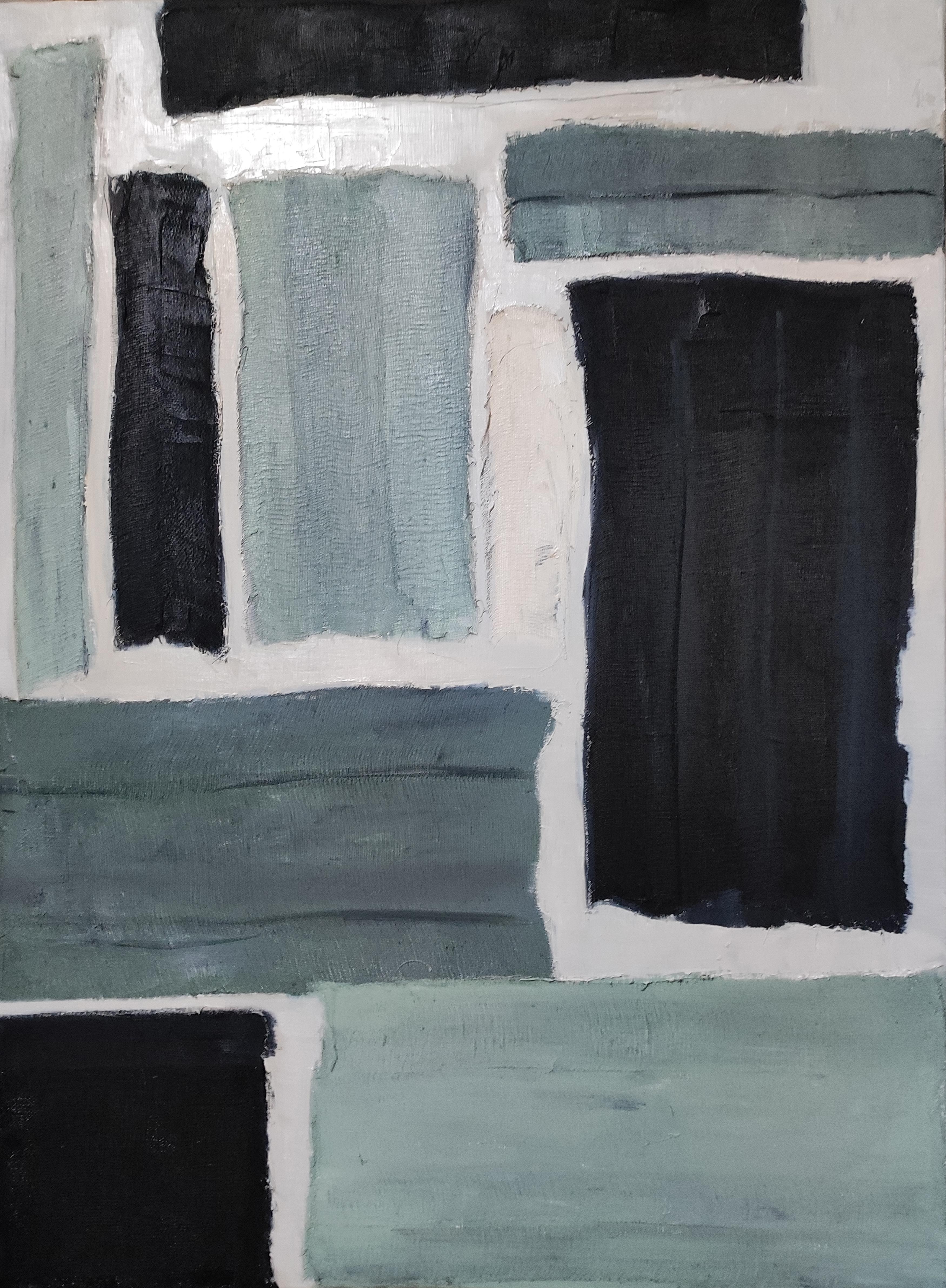jeu de matieres, french artist, oil and collage, green abstract, contempory - Black Abstract Painting by SOPHIE DUMONT