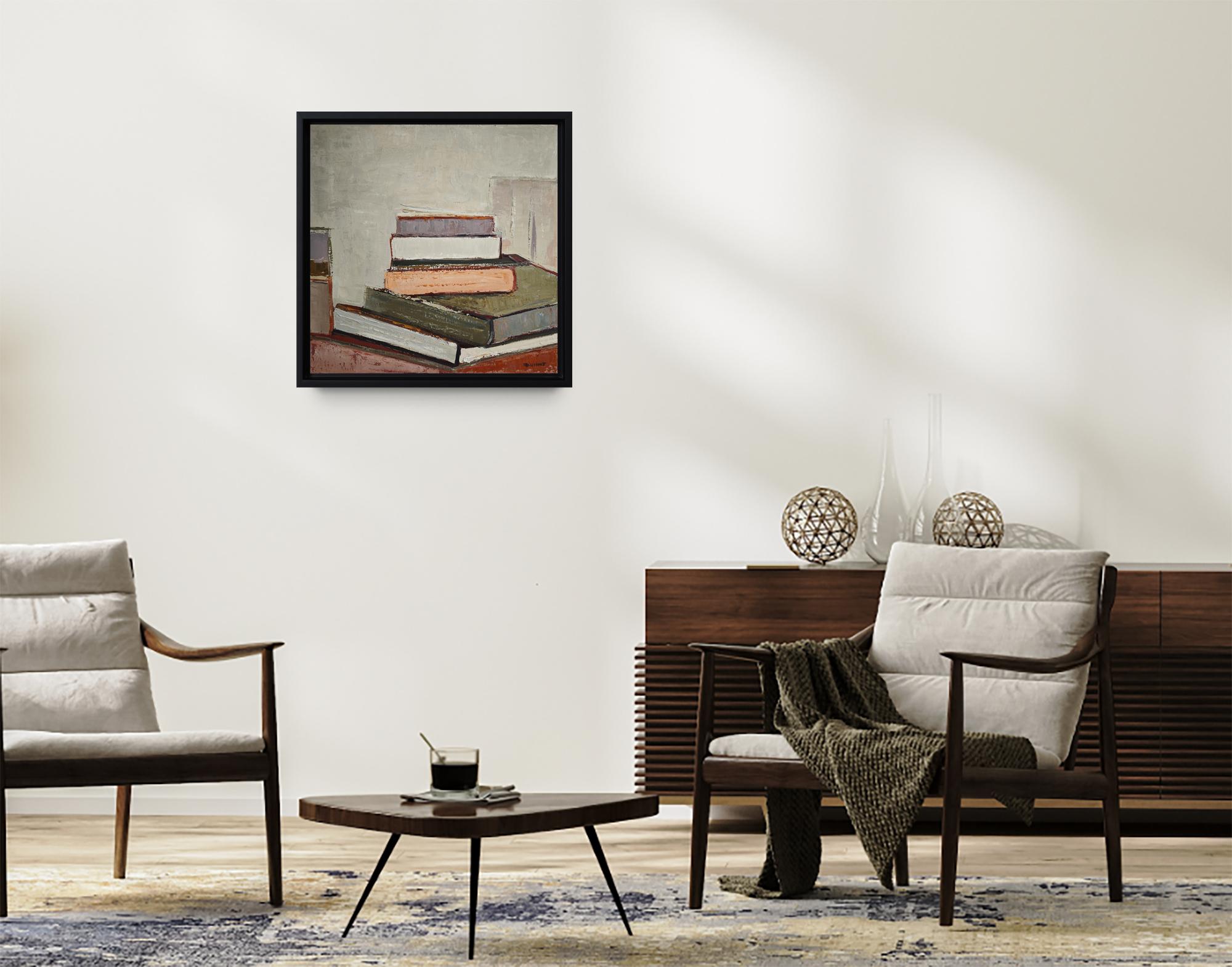 La Chambre des Livres - Peinture à l'huile abstraite de livres empilés, encadrée, française en vente 6