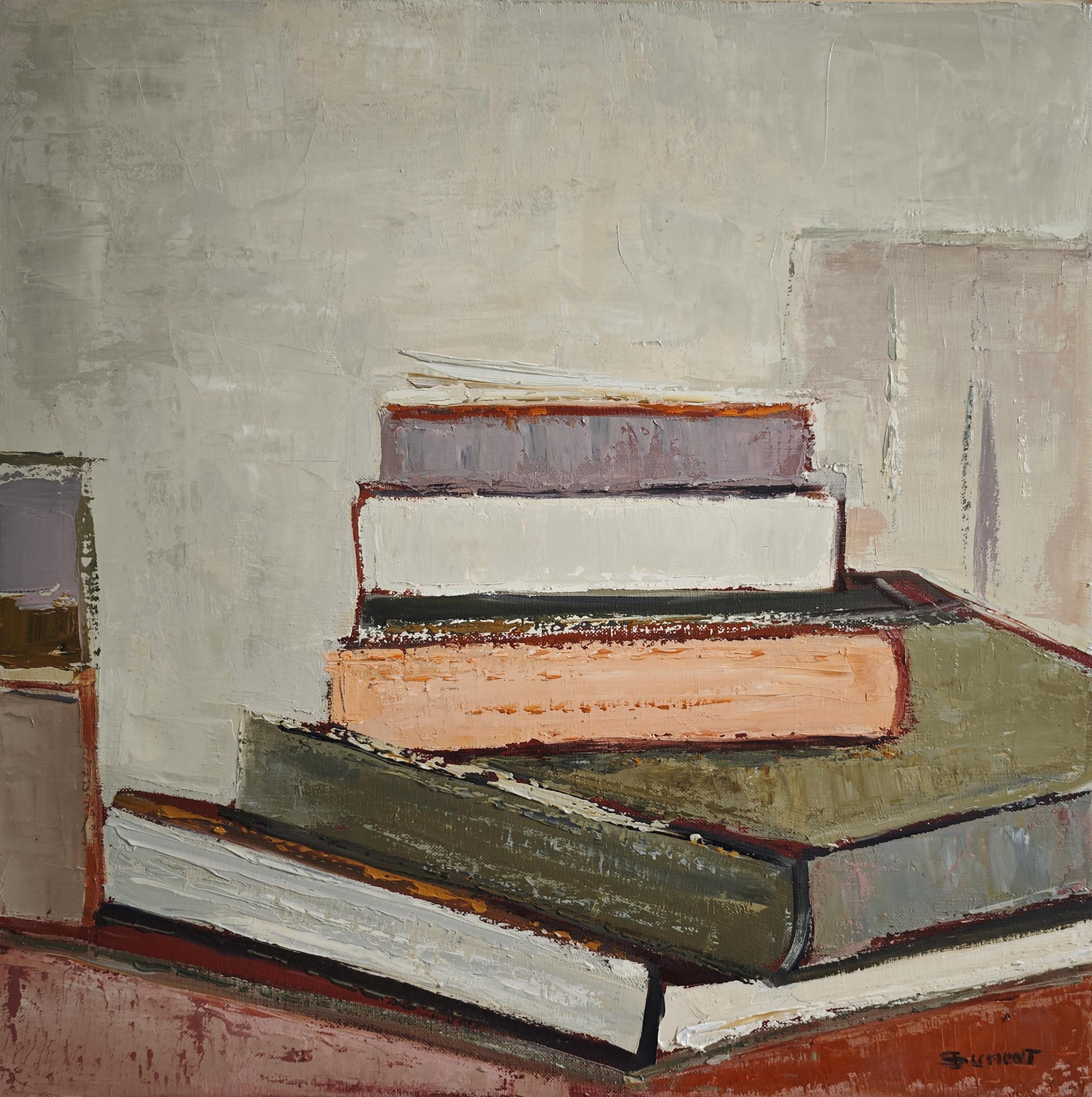 La Chambre des Livres - Peinture à l'huile abstraite de livres empilés, encadrée, française - Painting de SOPHIE DUMONT