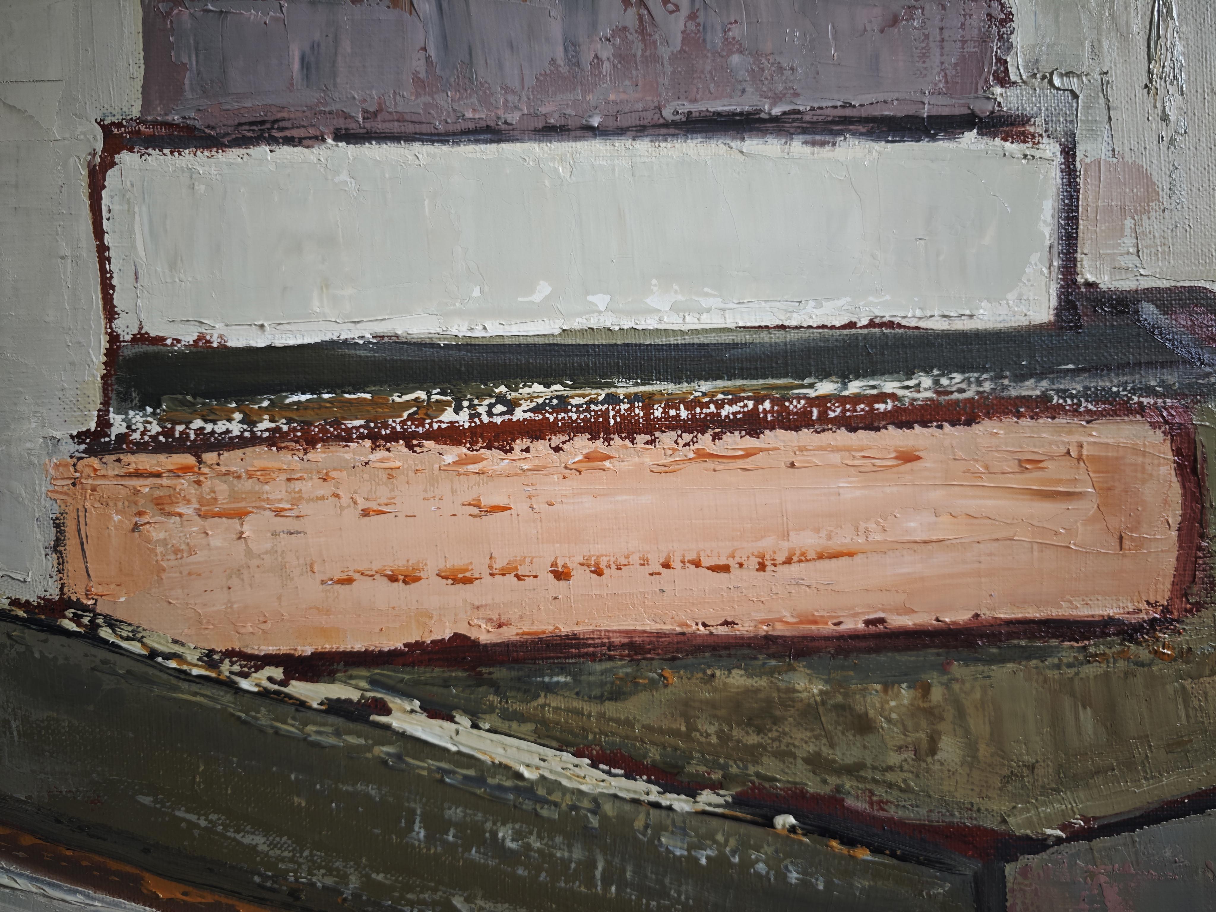 La Chambre des Livres - Peinture à l'huile abstraite de livres empilés, encadrée, française en vente 1