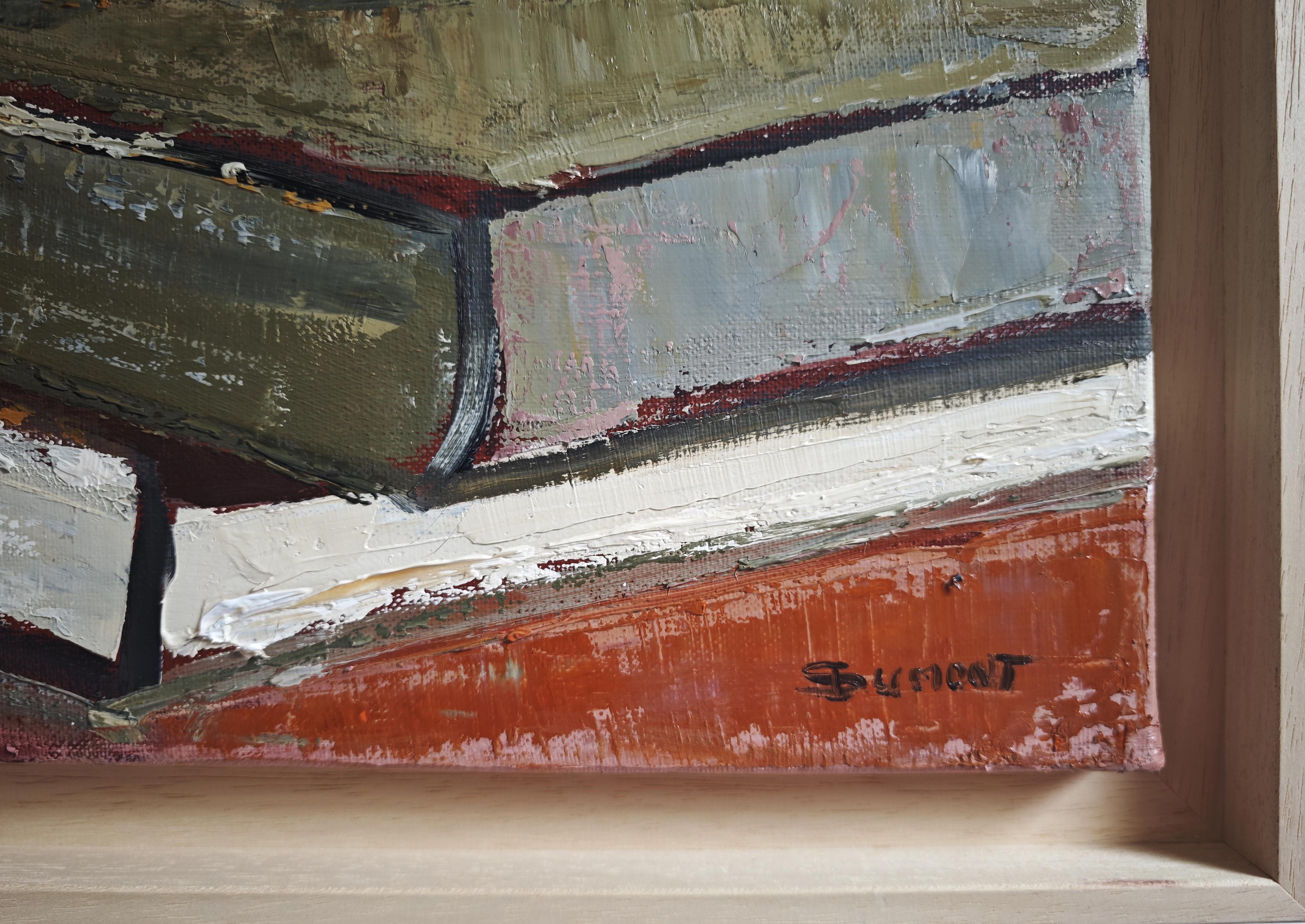 La Chambre des Livres - Peinture à l'huile abstraite de livres empilés, encadrée, française en vente 3