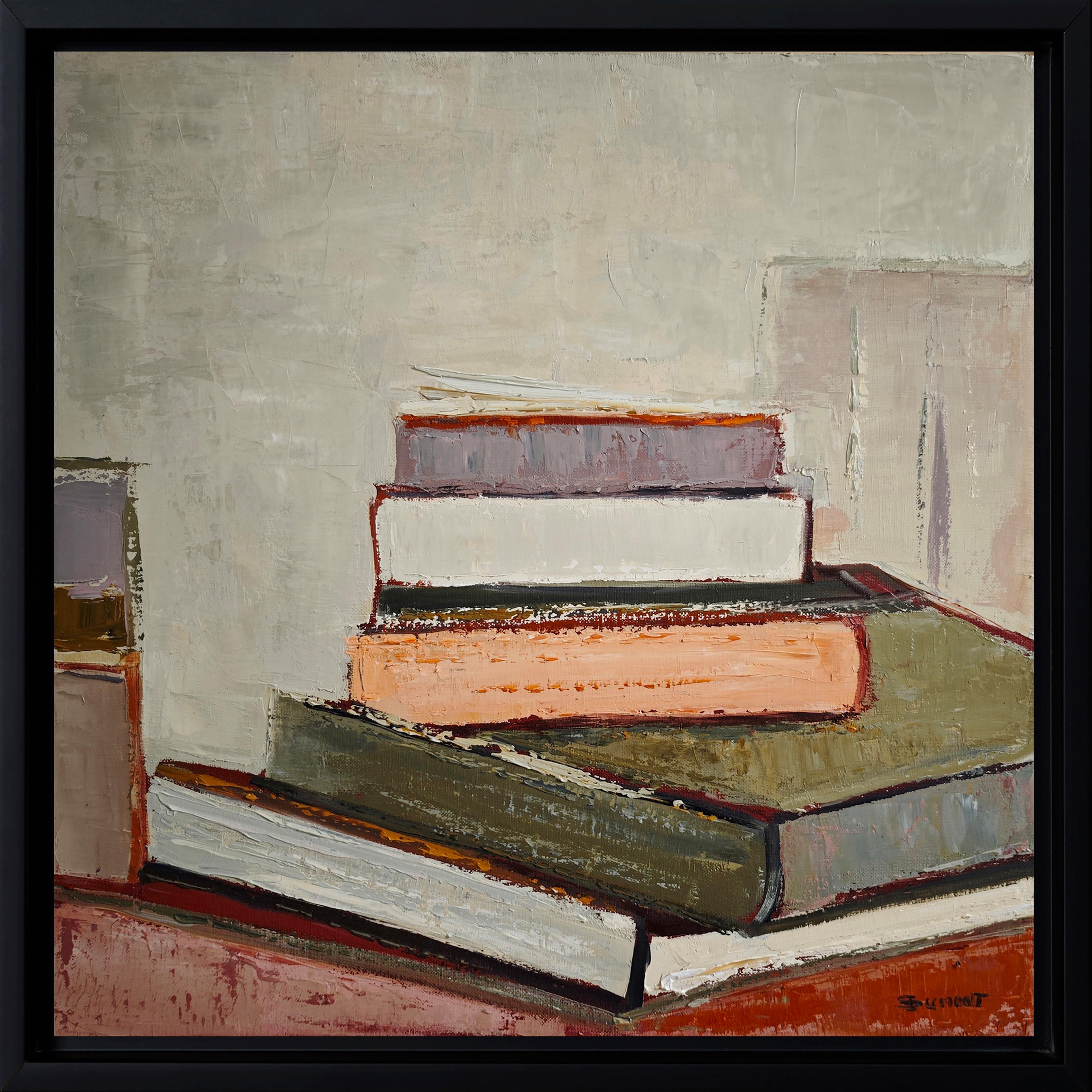 La Chambre des Livres - Peinture à l'huile abstraite de livres empilés, encadrée, française en vente 4