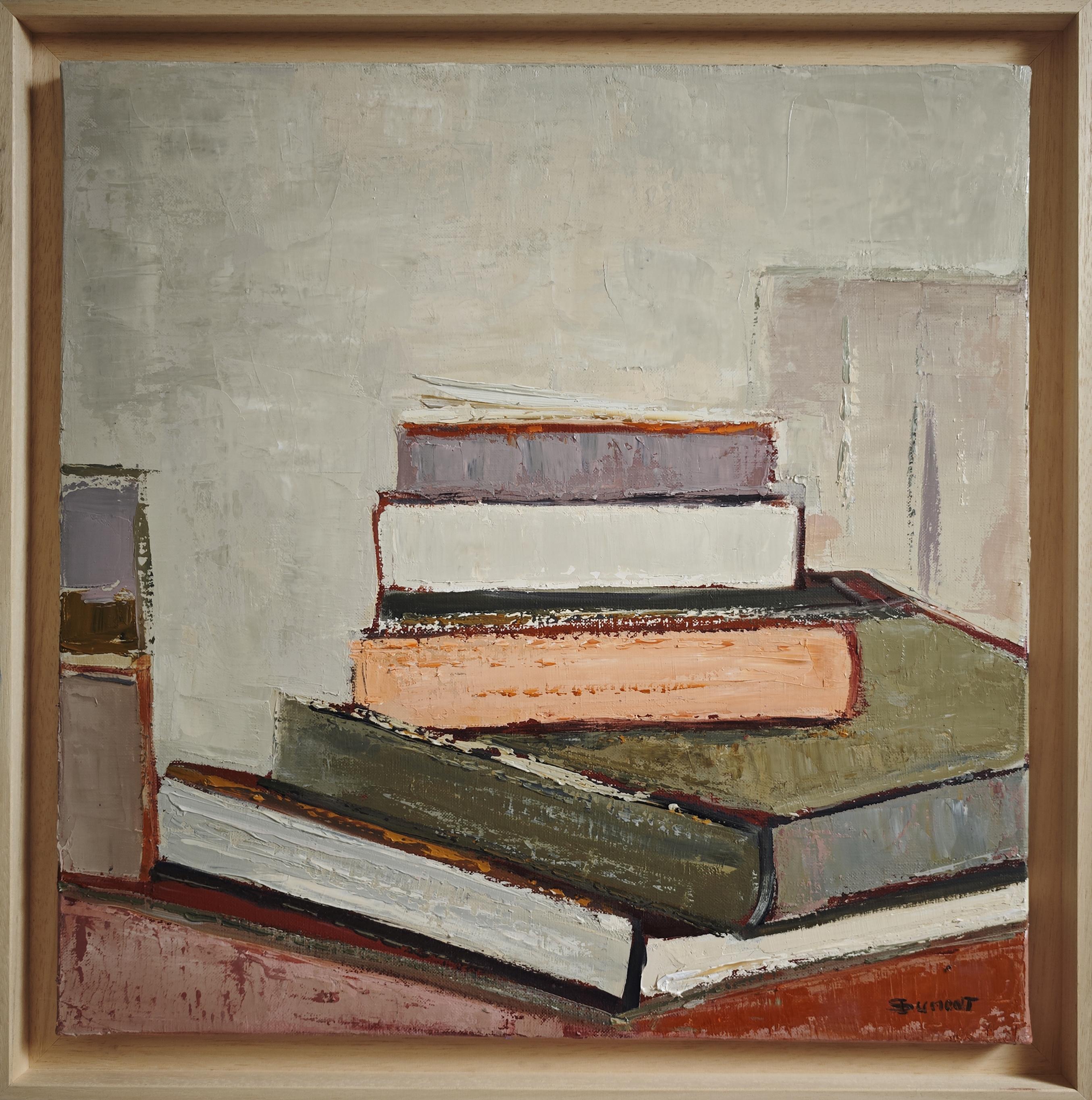 La Chambre des Livres - Pintura al óleo abstracta de libros apilados, enmarcada, francés