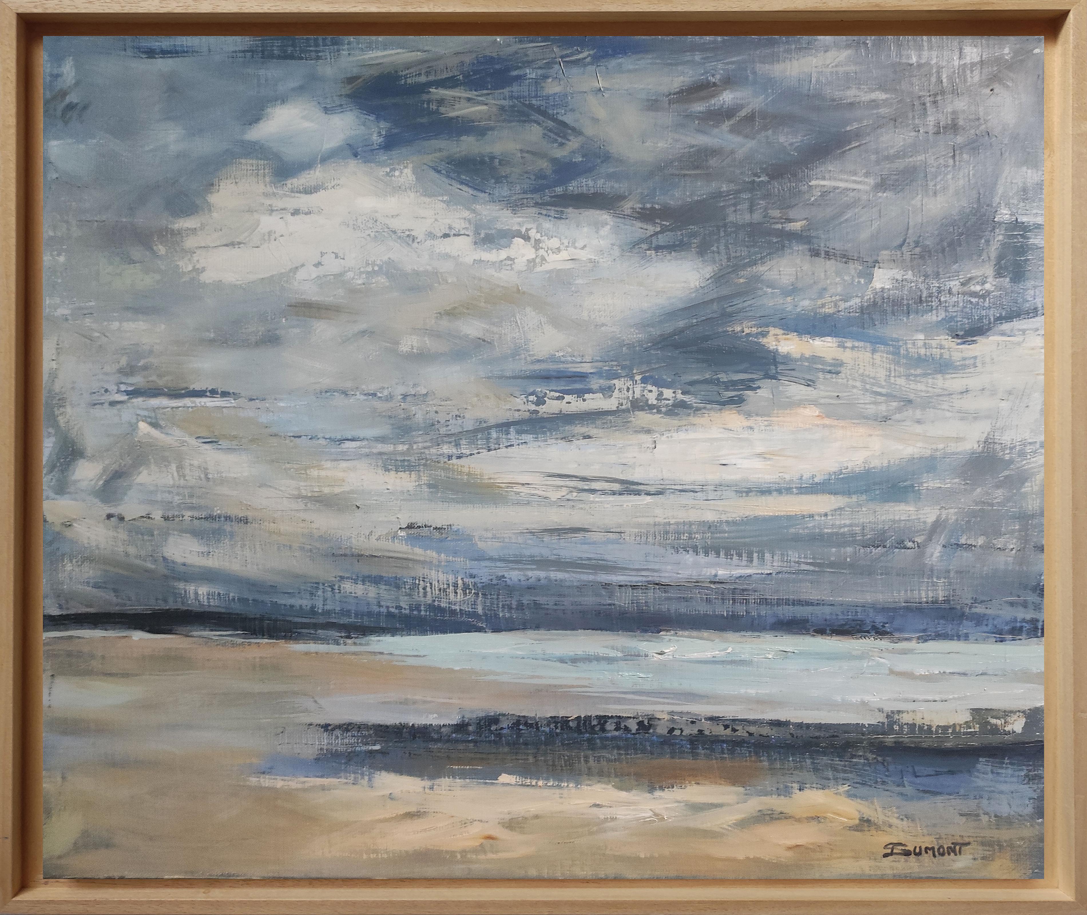 La côte fleurie, Blue Seaside, Normandie, Beach, Huile sur toile, Expressionnisme en vente 4