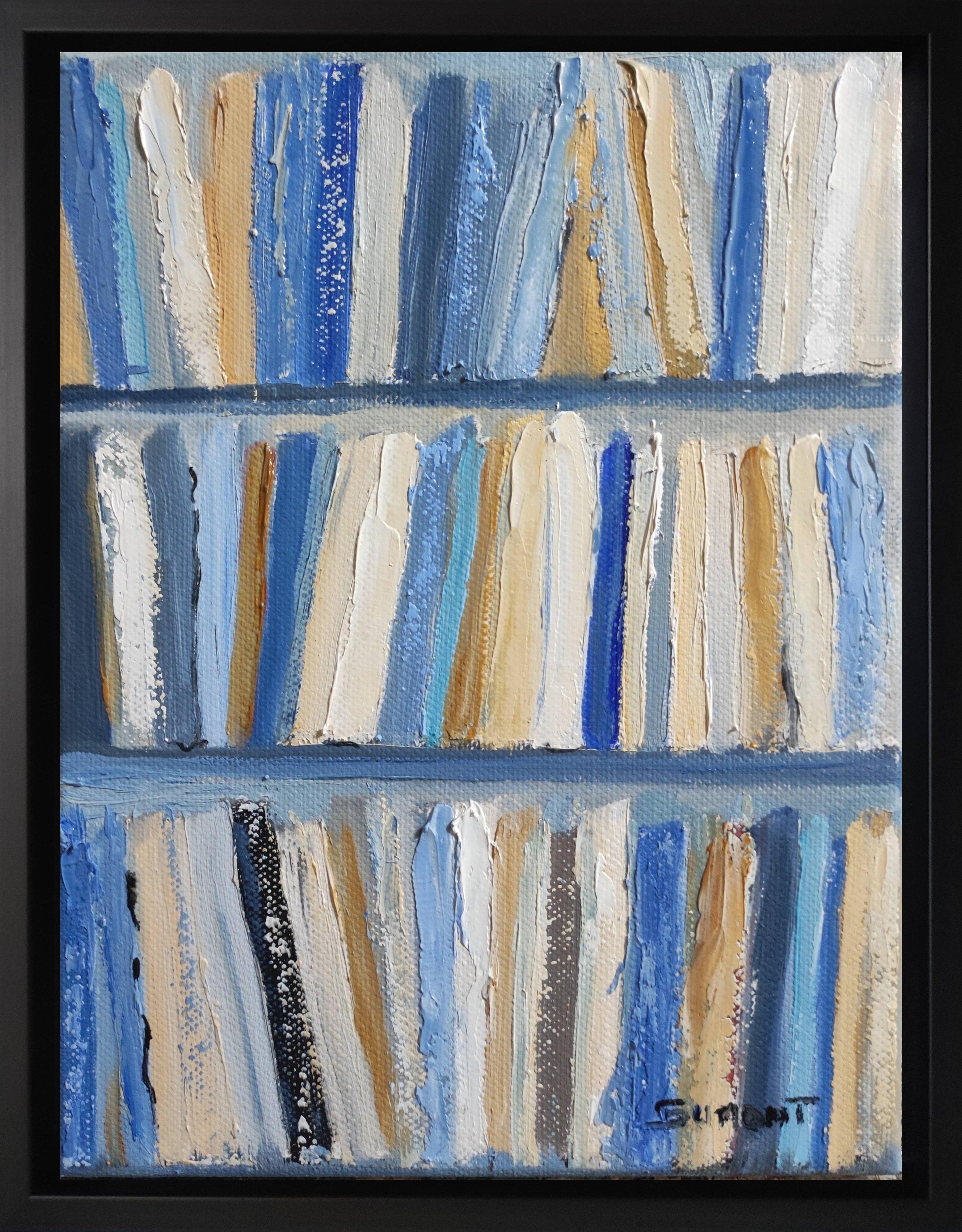 SOPHIE DUMONT Abstract Painting - small library, abstrait, minimalisme, bleu, huile sur toile