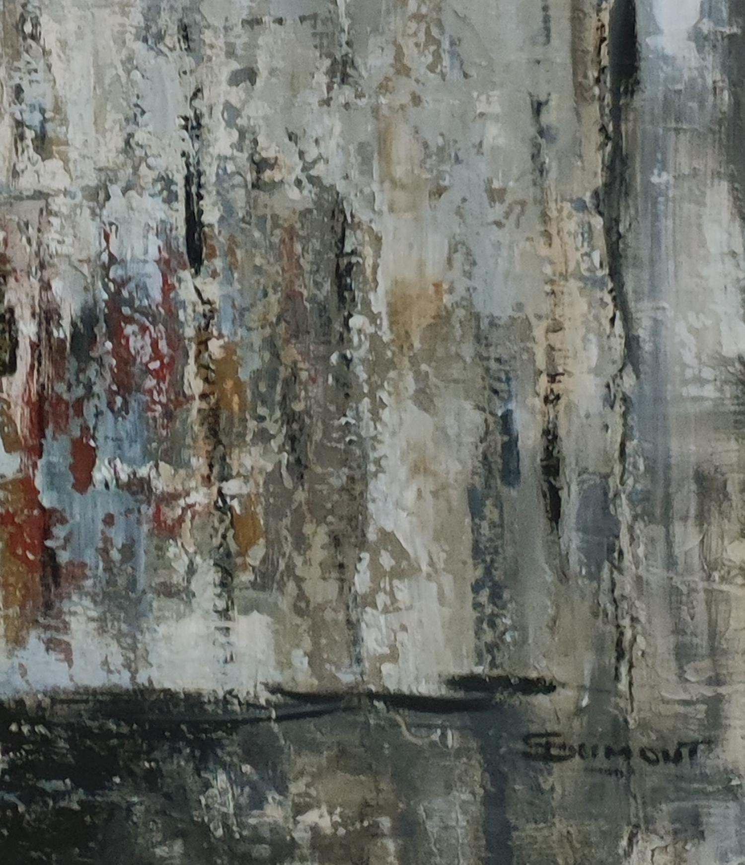 abstract painting having as starting subject an old painted door. The variations of black, gray and white concentrate all the energy contained in the wood, in the paint which peels off over time. The layers are numerous revealing the underlying