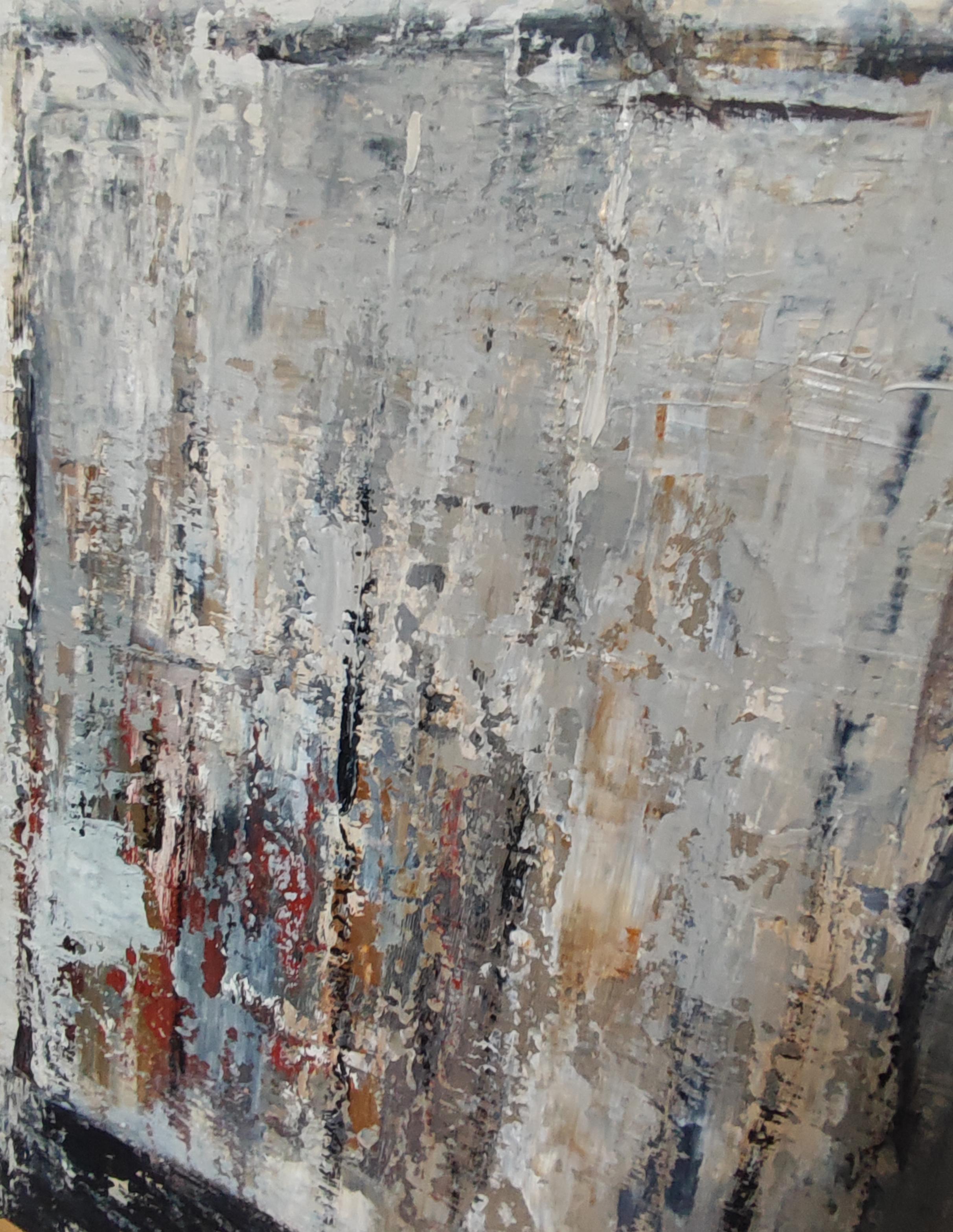 abstract painting having as starting subject an old painted door. The variations of black, gray and white concentrate all the energy contained in the wood, in the paint which peels off over time. The layers are numerous revealing the underlying