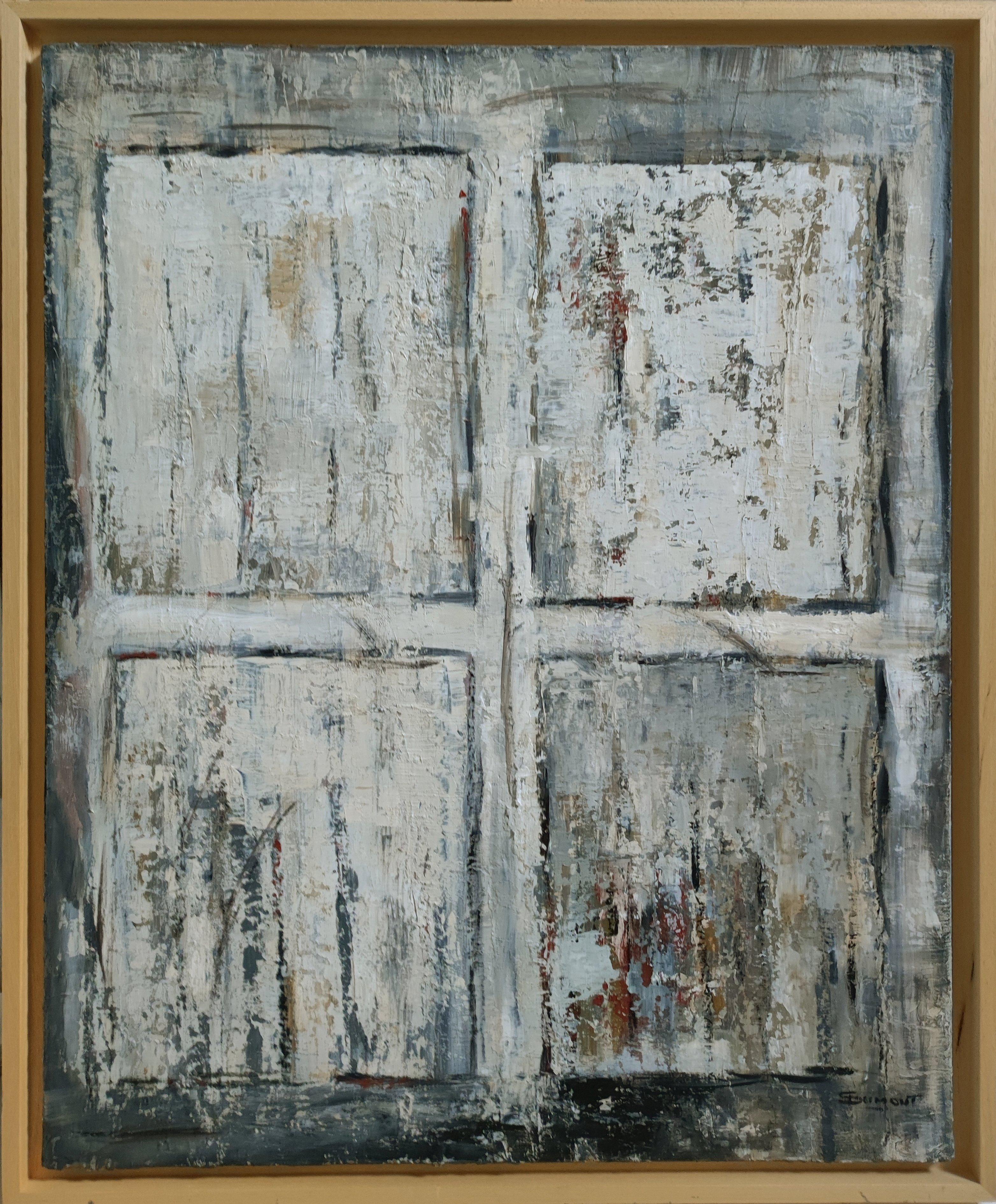 SOPHIE DUMONT Still-Life Painting - la porte, white abstract, monochrome, minimalism, expressionism, oil, japandi