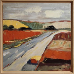 Abstract Oil Landscape on Linen, Warm Seasonal Road Composition, Fauvism, French