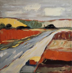 Paysage abstrait à l'huile sur lin, composition de route saisonnière chaude, fauvisme, français