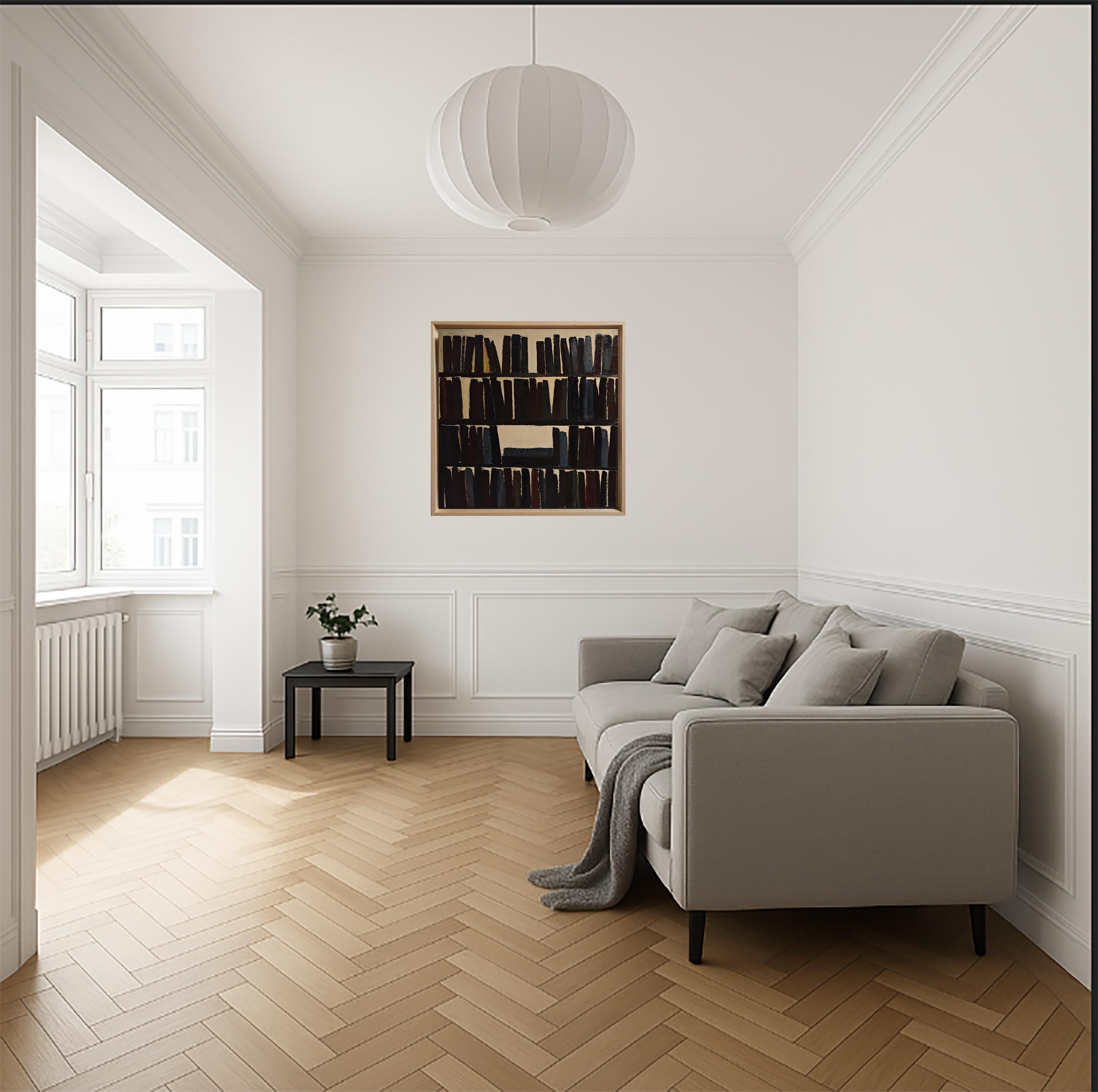 L'absence éclectique, abstrait, minimalisme, bibliothèque, huile sur toile, texturée, livres en vente 5