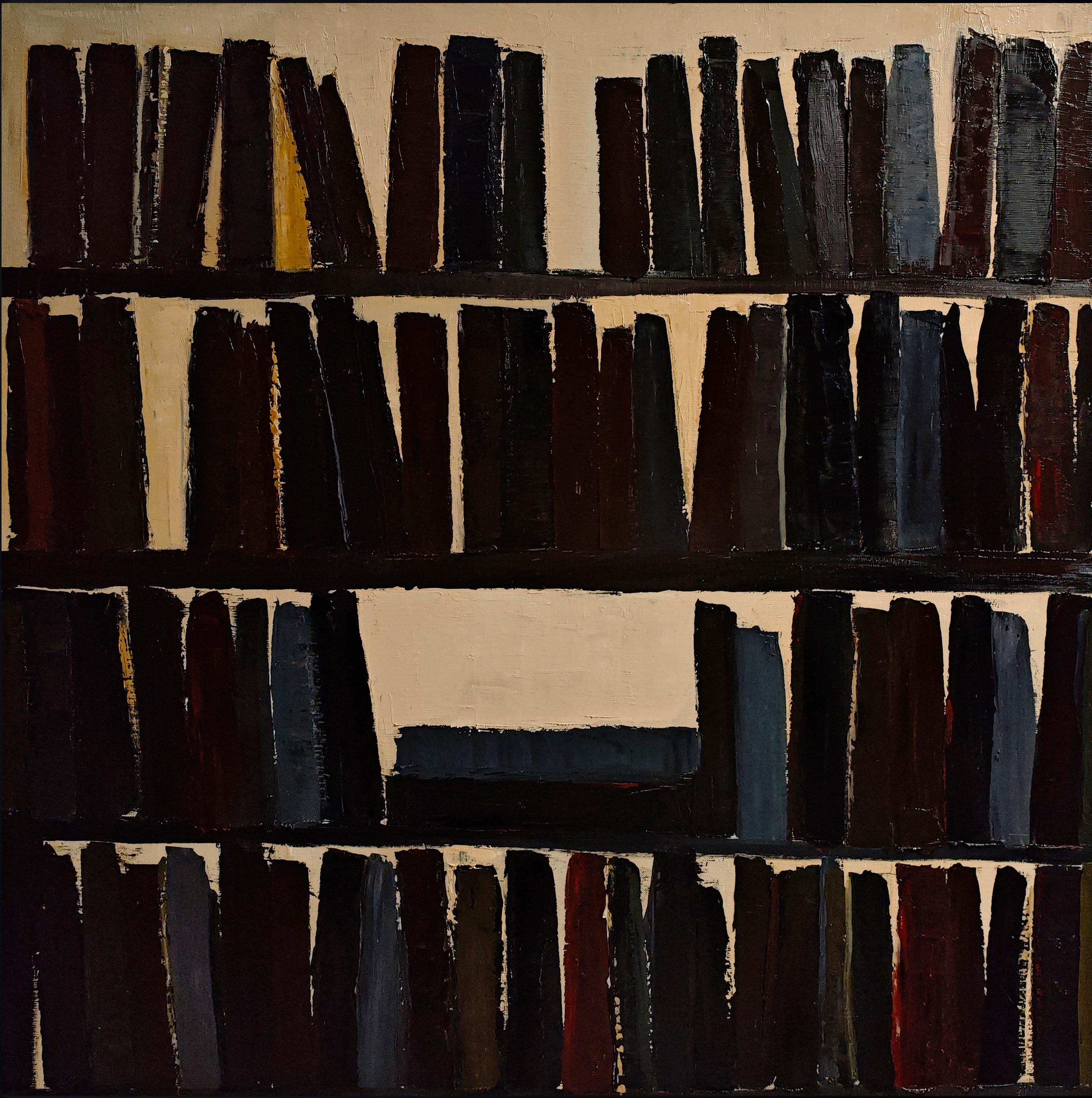 L'absence éclectique, abstrait, minimalisme, bibliothèque, huile sur toile, texturée, livres - Painting de SOPHIE DUMONT