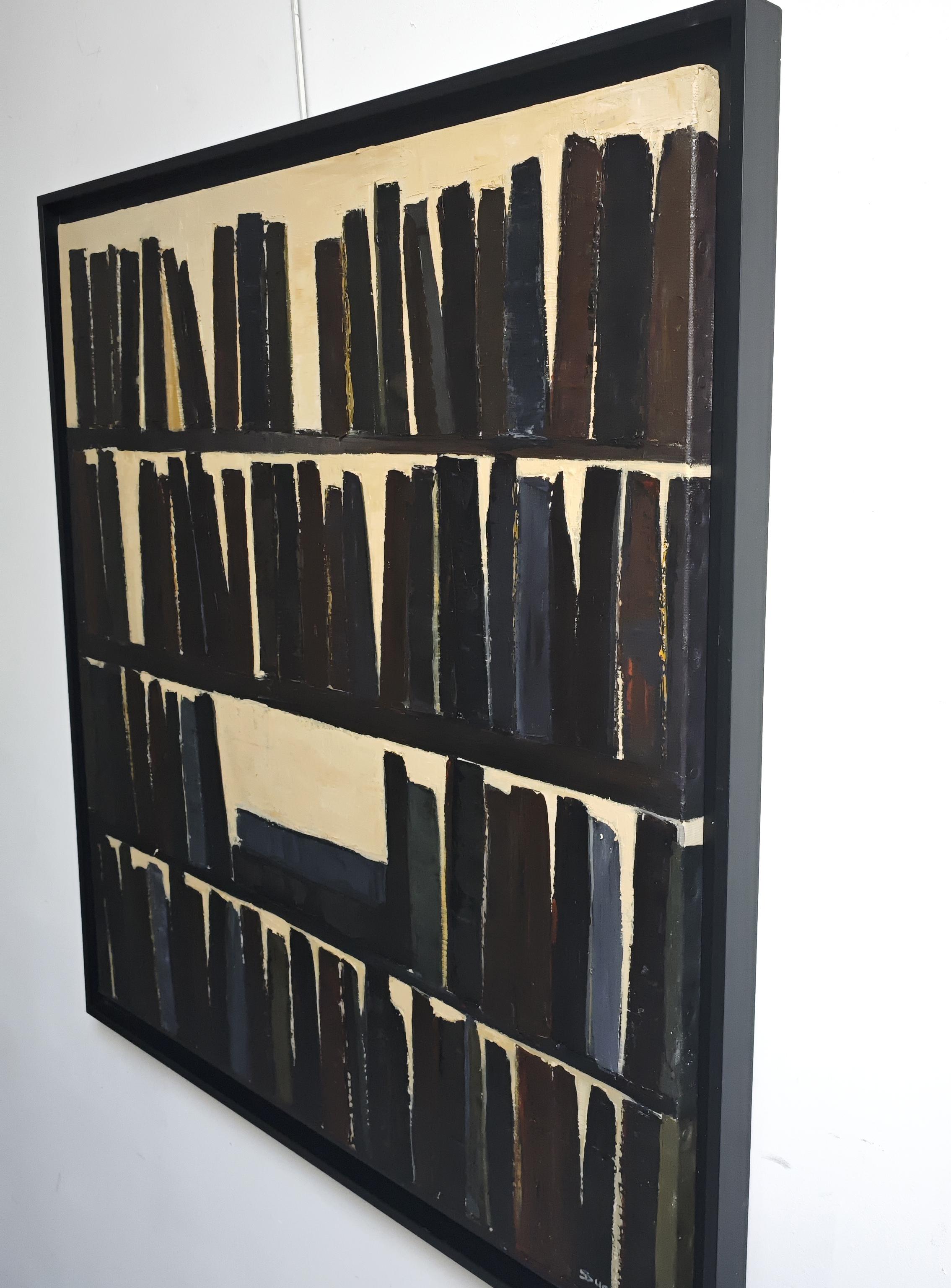 L'absence éclectique, abstrait, minimalisme, bibliothèque, huile sur toile, texturée, livres - Noir Interior Painting par SOPHIE DUMONT