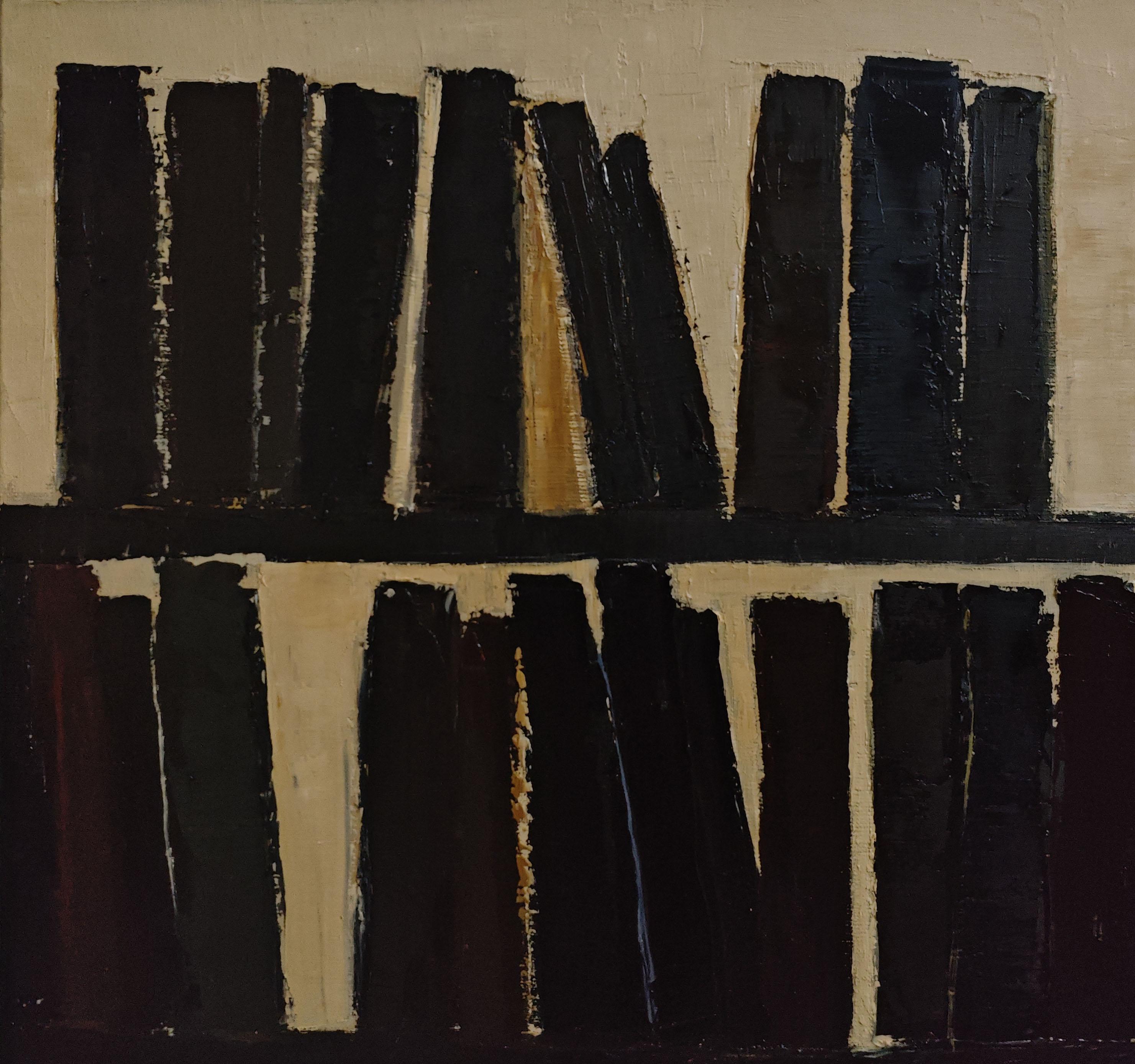 L'absence éclectique, abstrait, minimalisme, bibliothèque, huile sur toile, texturée, livres en vente 1