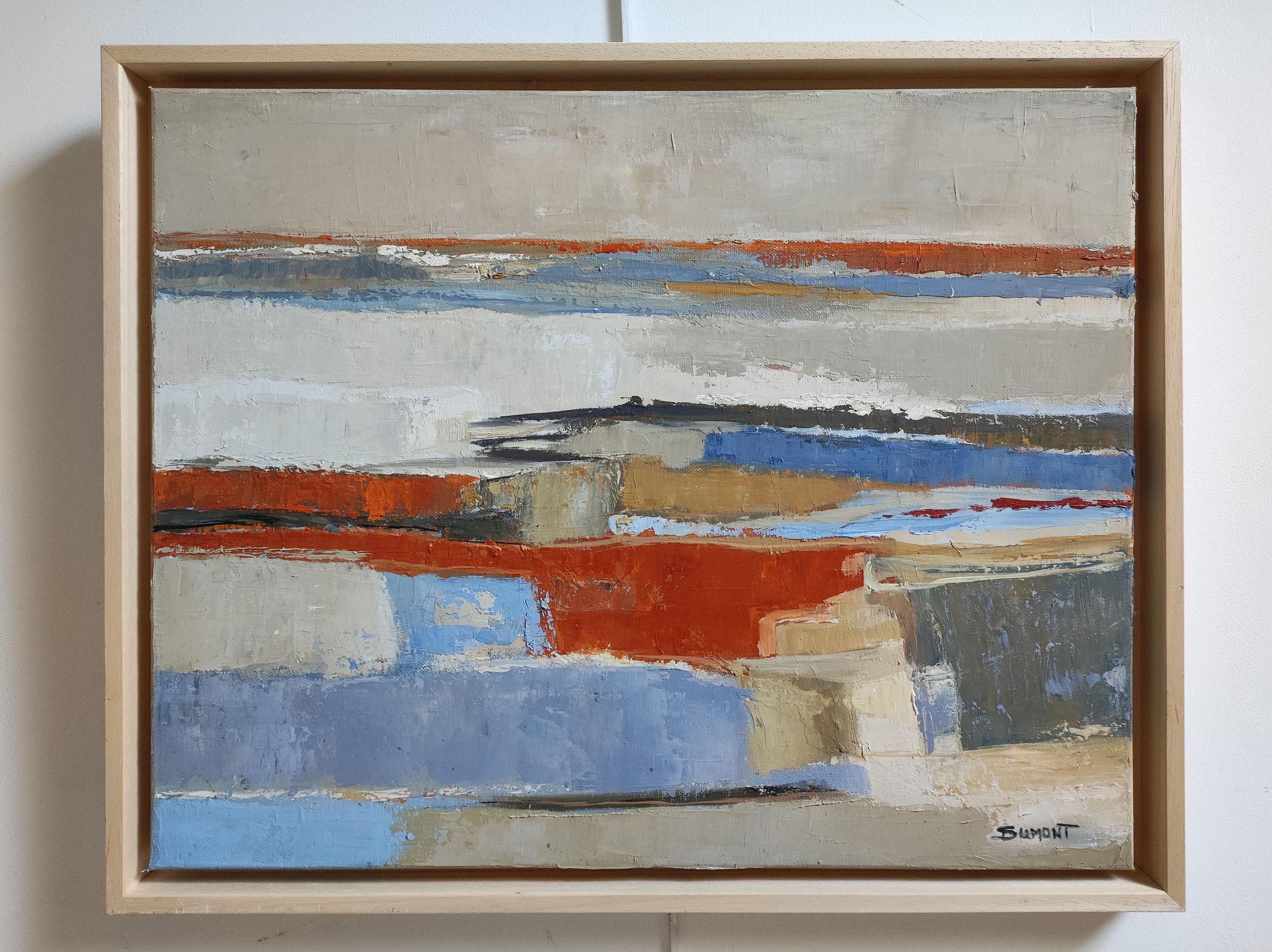 Lacis, Paesaggio astratto, Olio su tela, Arte contemporanea, Campi, Blu, Arancione - Abstract Painting Grigio di SOPHIE DUMONT