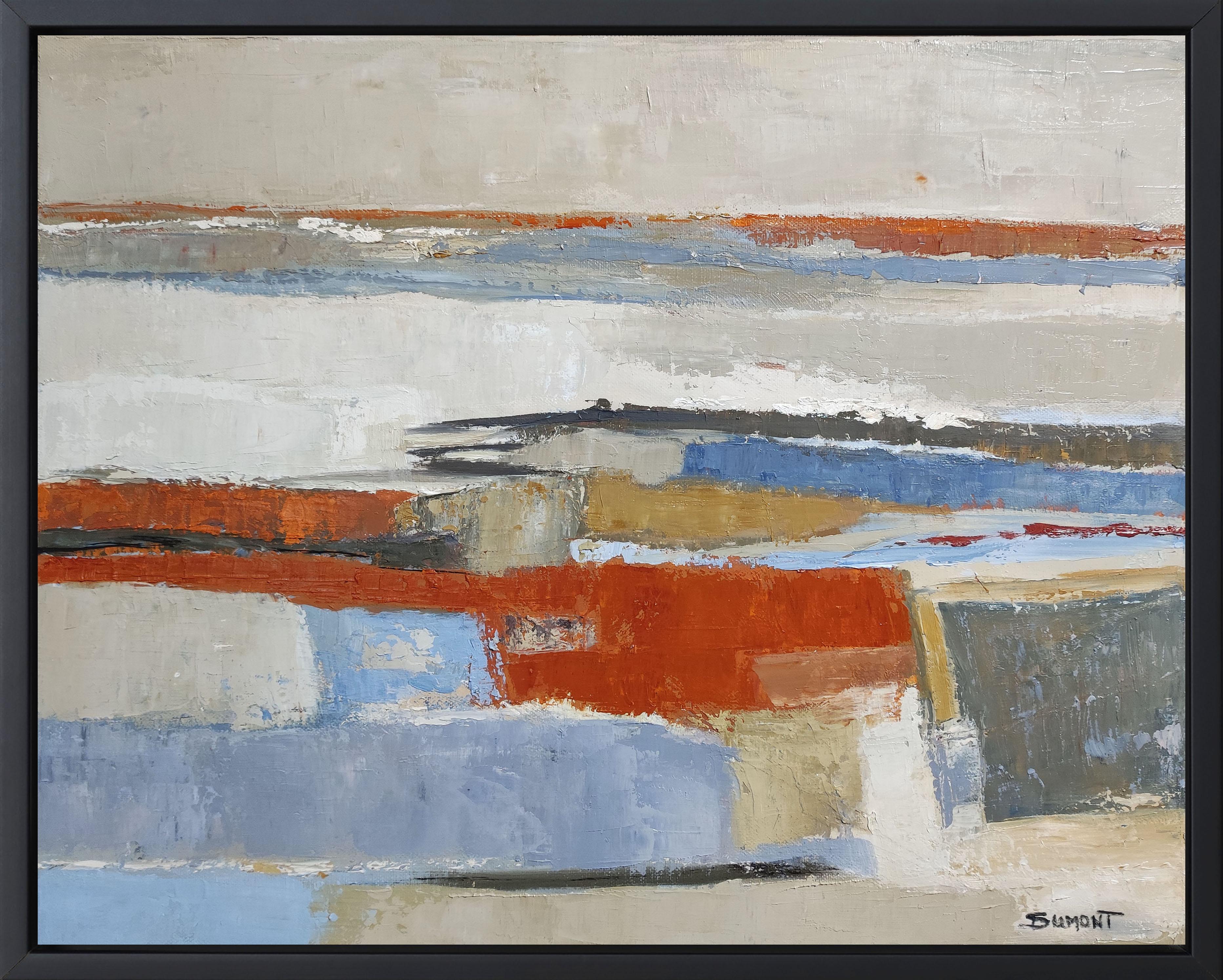 Lacis, abstract landscape, oil on canvas, contemporary art, fields, blue, orange - Painting by SOPHIE DUMONT