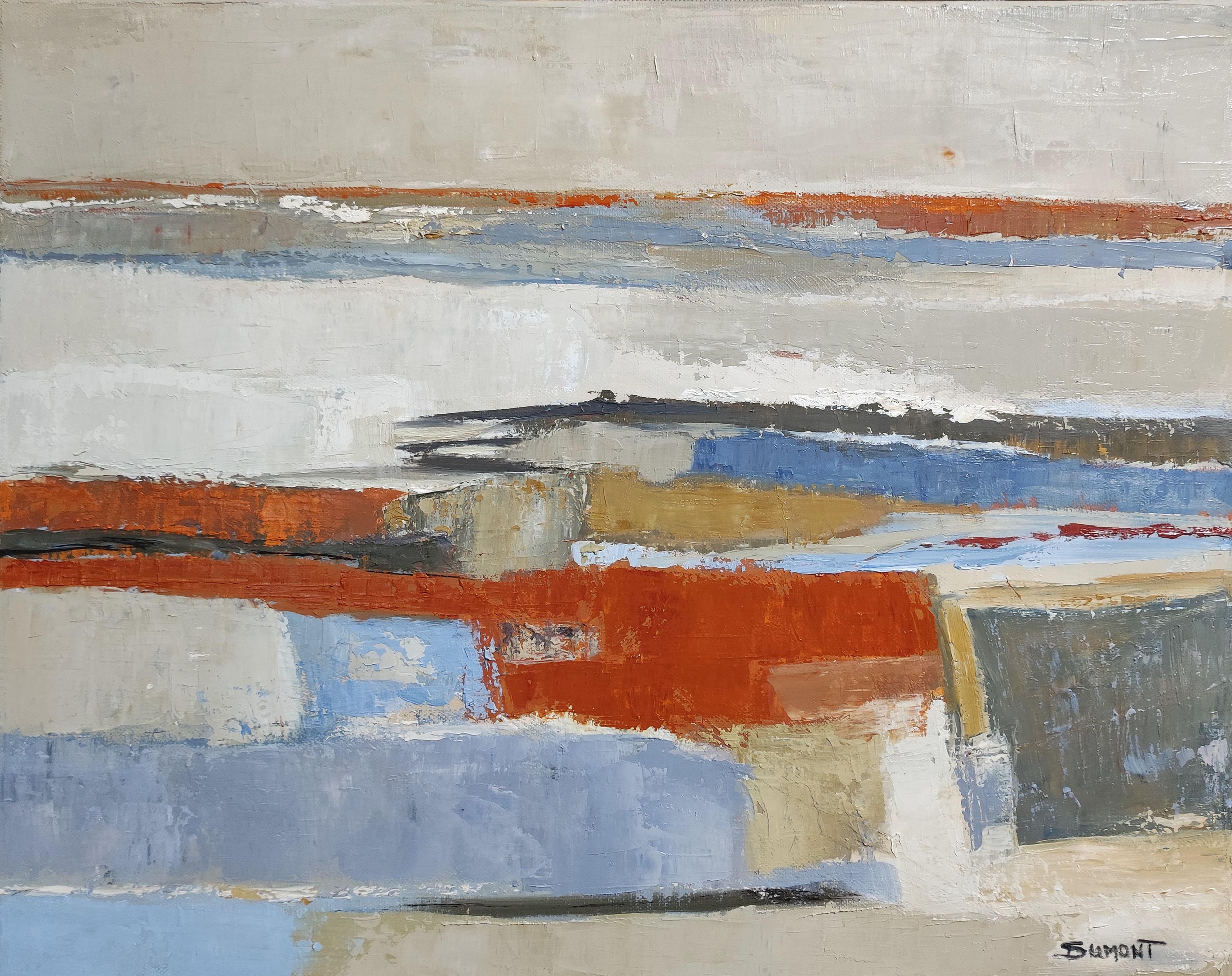 The tangle of plots of fields in Normandy translated by Sophie Dumont. The palette remains predominantly greige and ocher with an orange-red ocher that brings all the light to the painting. The artist superimposes the layers on the canvas which