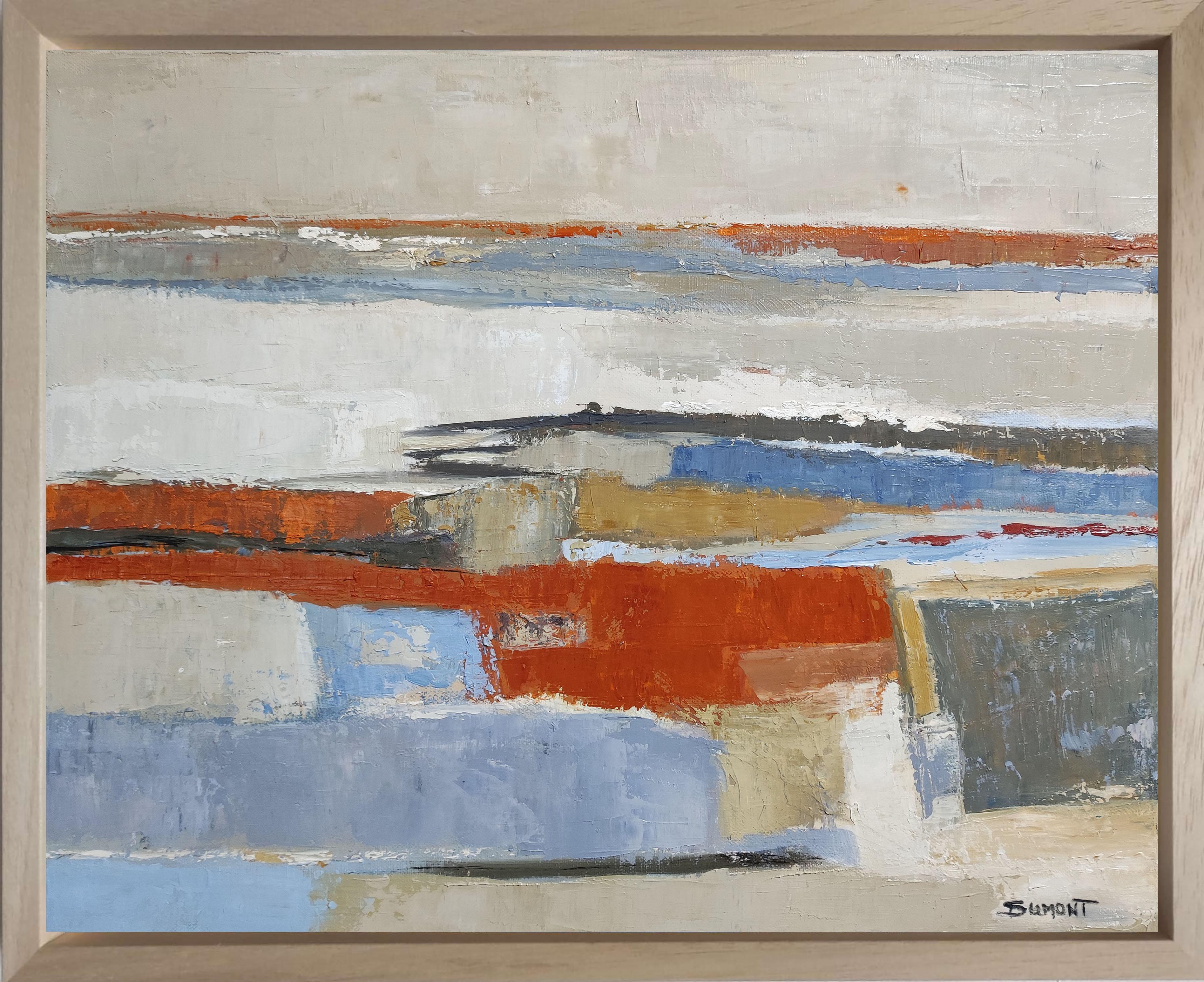 SOPHIE DUMONT Abstract Painting - Lacis, abstract landscape, oil on canvas, contemporary art, fields, blue, orange