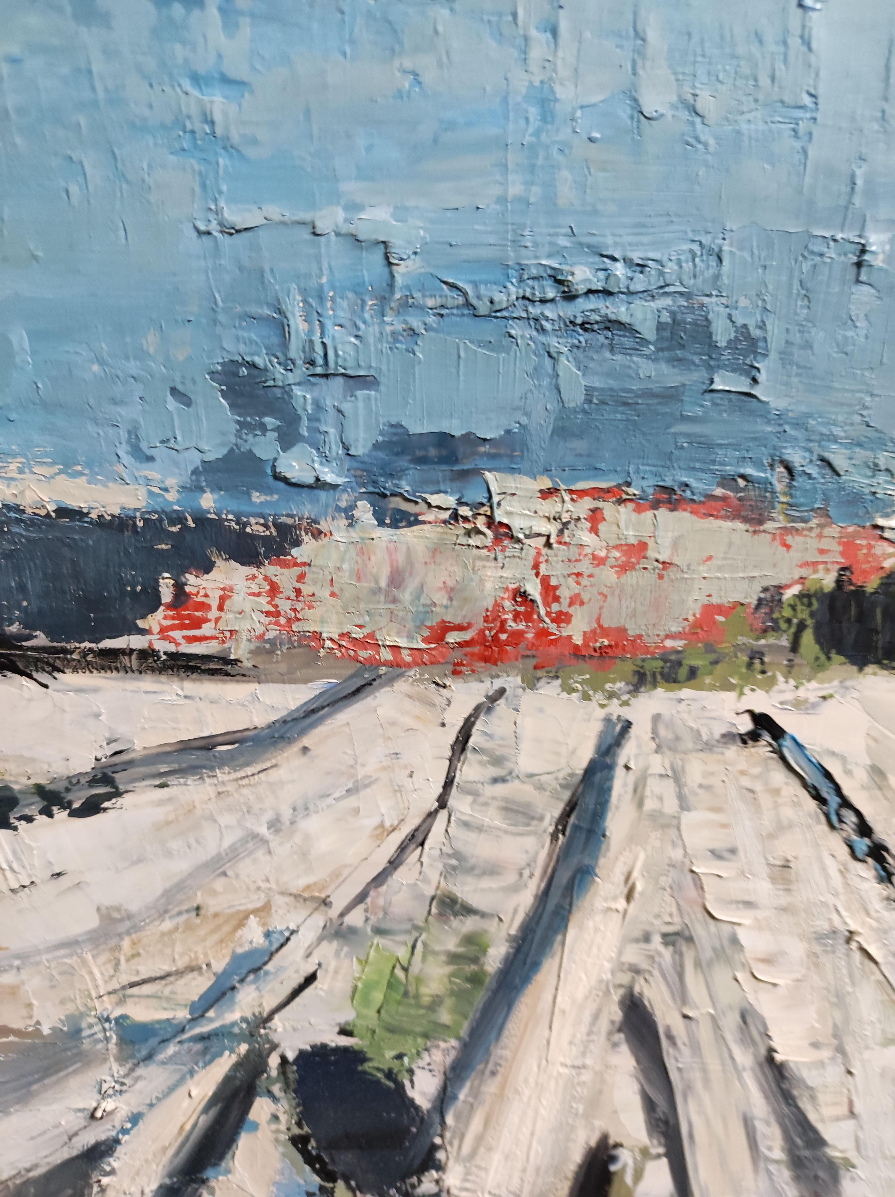 Paesaggio, campagna blu, espressionismo astratto, olio su tela, texture - Painting Moderno di SOPHIE DUMONT