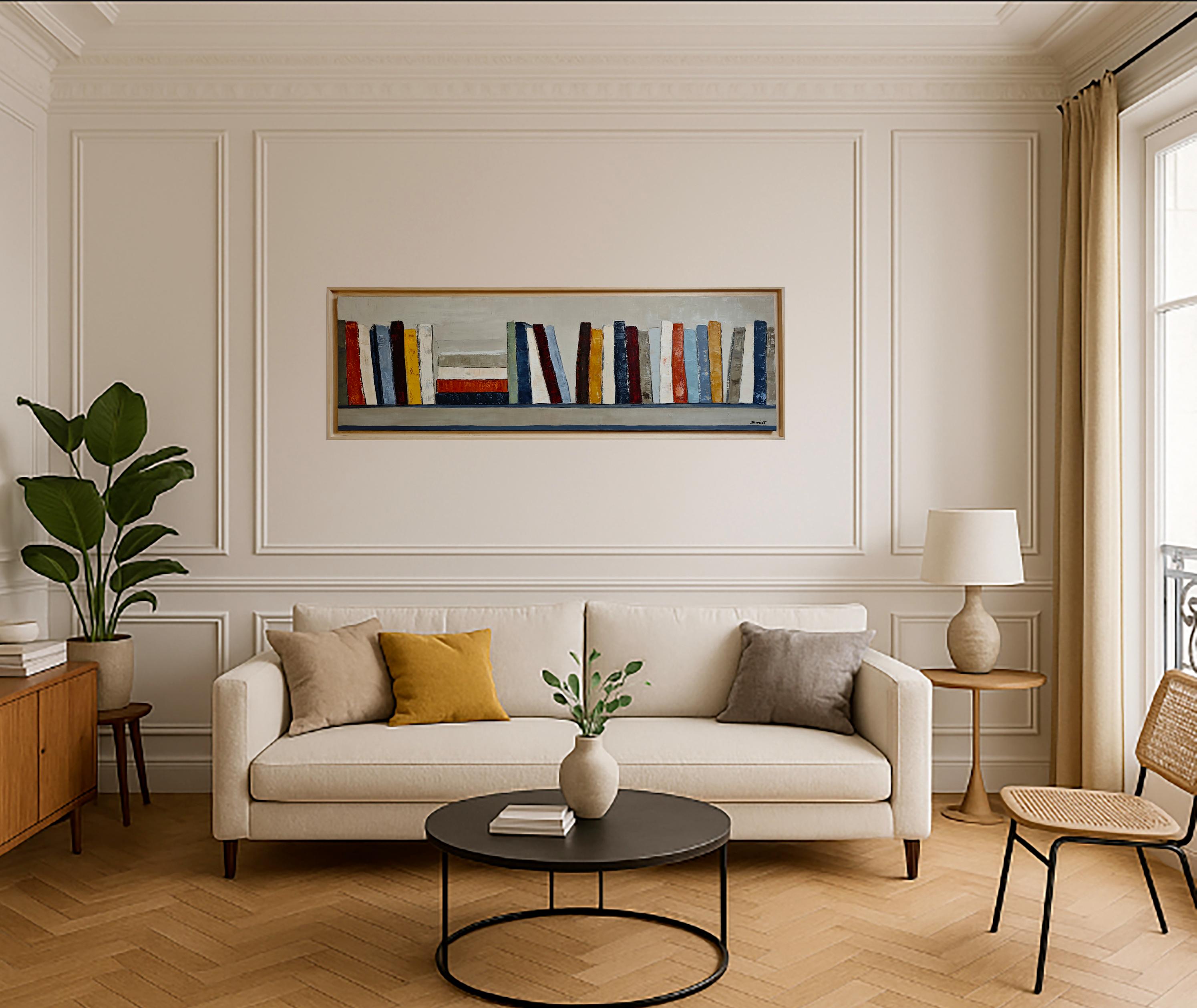 Großes zeitgenössisches abstraktes Ölgemälde mit bunten Büchern - 2025 – Painting von SOPHIE DUMONT