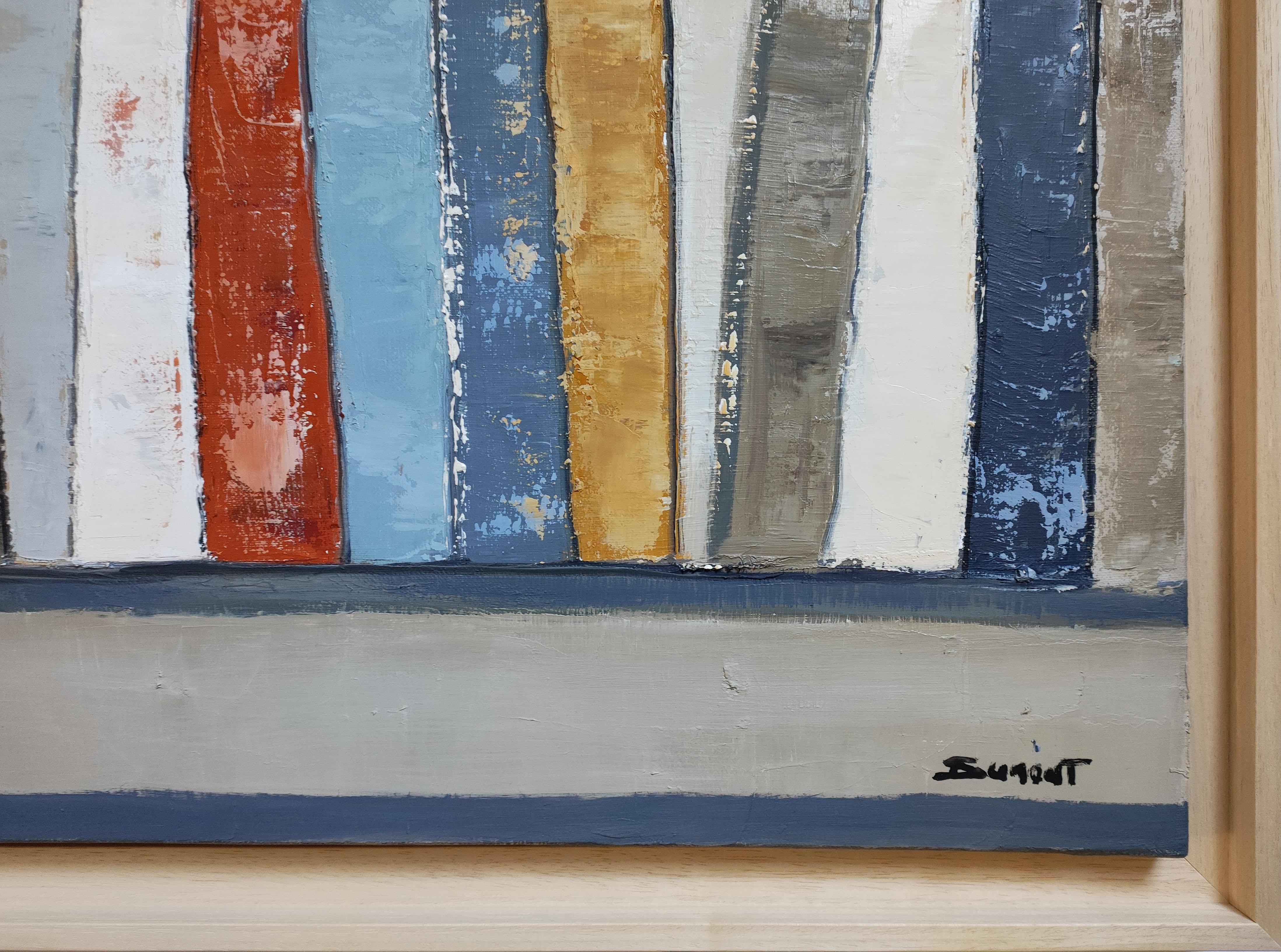 Künstlerin: Sophie Dumont (geb. 1964, Paris) - Werke in Privat- und Museumssammlungen weltweit

Abmessungen (ungerahmt): 50 x 150 x 2 cm (19,7 x 59,1 Zoll)
Maße gerahmt: ca. 57 x 157 x 3,5 cm (22,4 x 61,8 x 1,4 Zoll)
Farbe des Rahmens: Holz oder