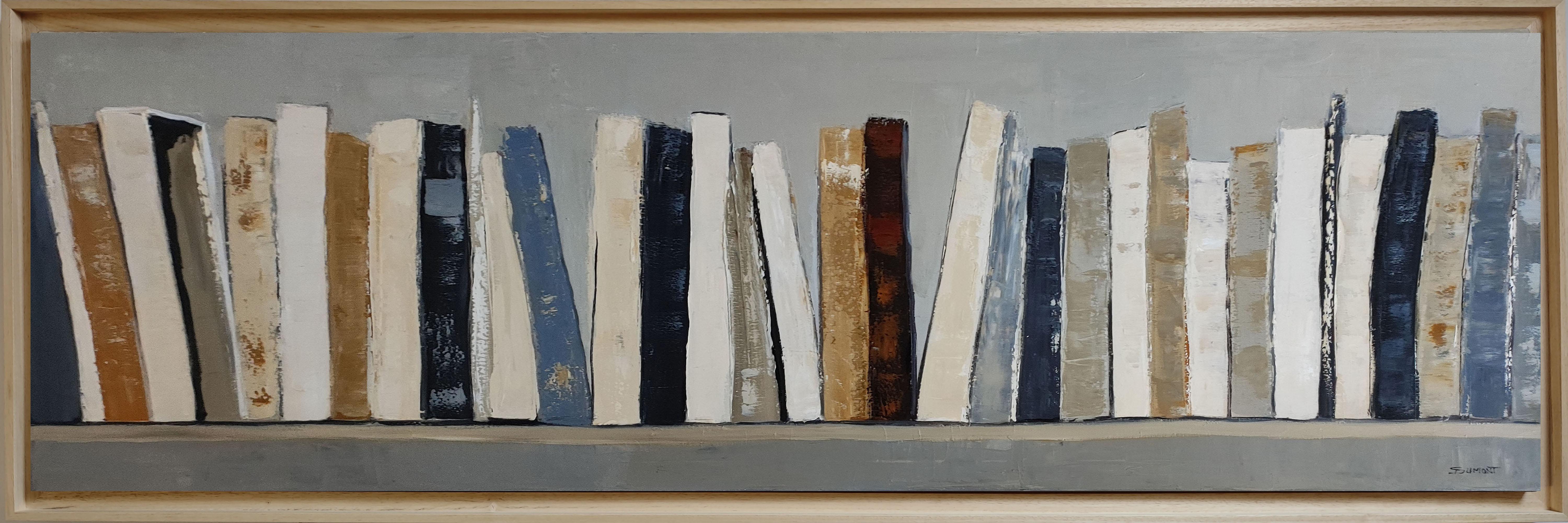 Large Contemporary Bookshelf Painting – Oil on Canvas in Blue, Ochre and Ivory
