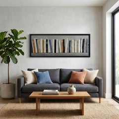 Grande peinture contemporaine de bibliothèque - Huile sur toile en bleu, ocre et ivoire