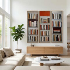 Large Triptych Abstract Bookshelf Painting – Oil on Canvas, Modern Library