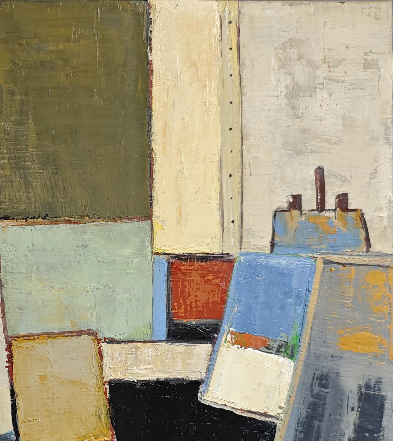 In The Studio in Suspension stellt Sophie Dumont die Atmosphäre eines Künstlerateliers neu dar, in dem Leinwände, Farbfelder und subtile Objekte in einem ruhigen Gleichgewicht zu schweben scheinen. Die Komposition ist mit der für Dumont