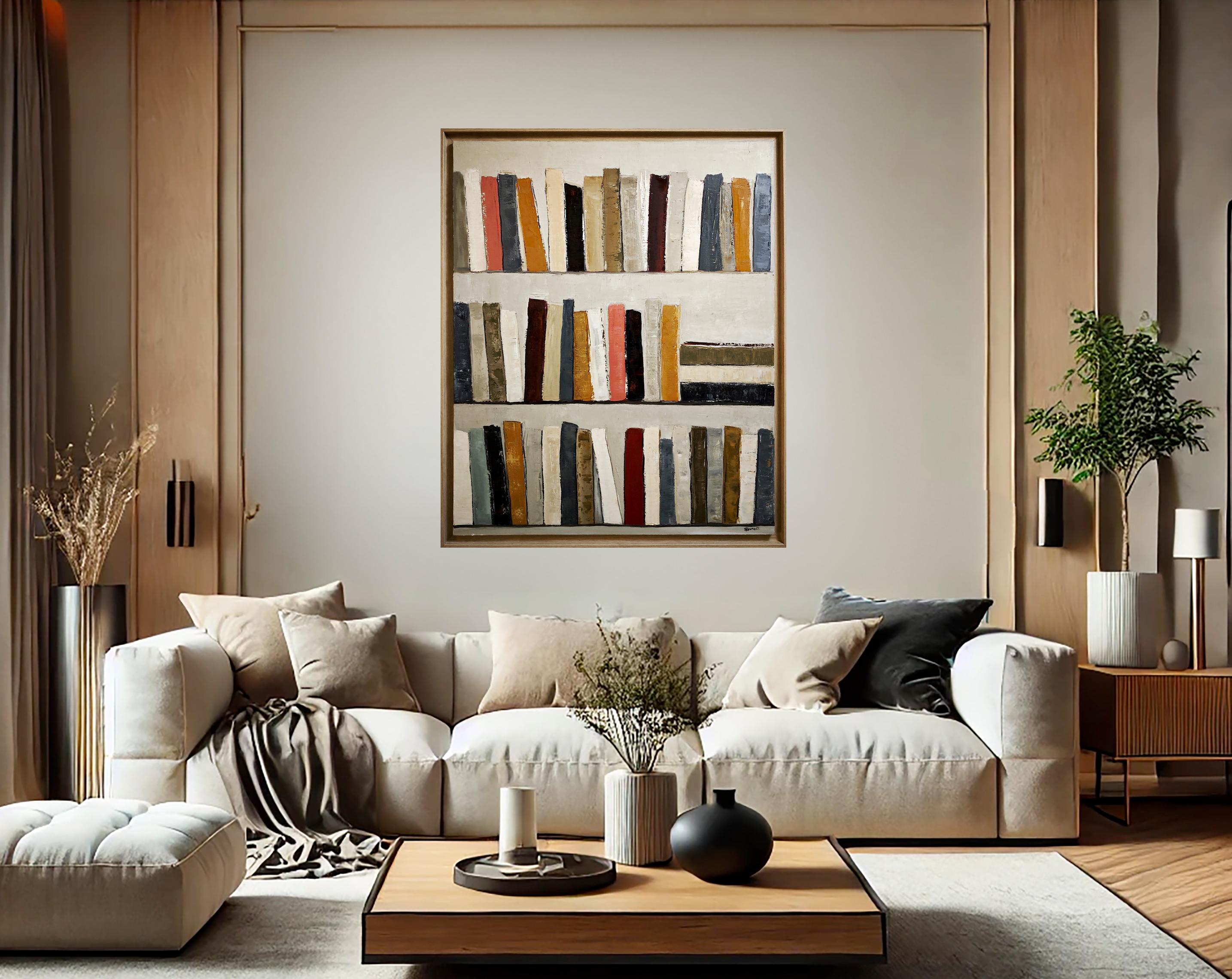 Strati di storia, astratto, Minimalismo, biblioteca, Colori, libri, Contemporaneo - Painting di SOPHIE DUMONT