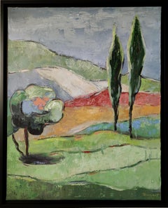 Französische figurative grüne Landschaft, Expressionismus, Öl auf Leinen-Leinwand