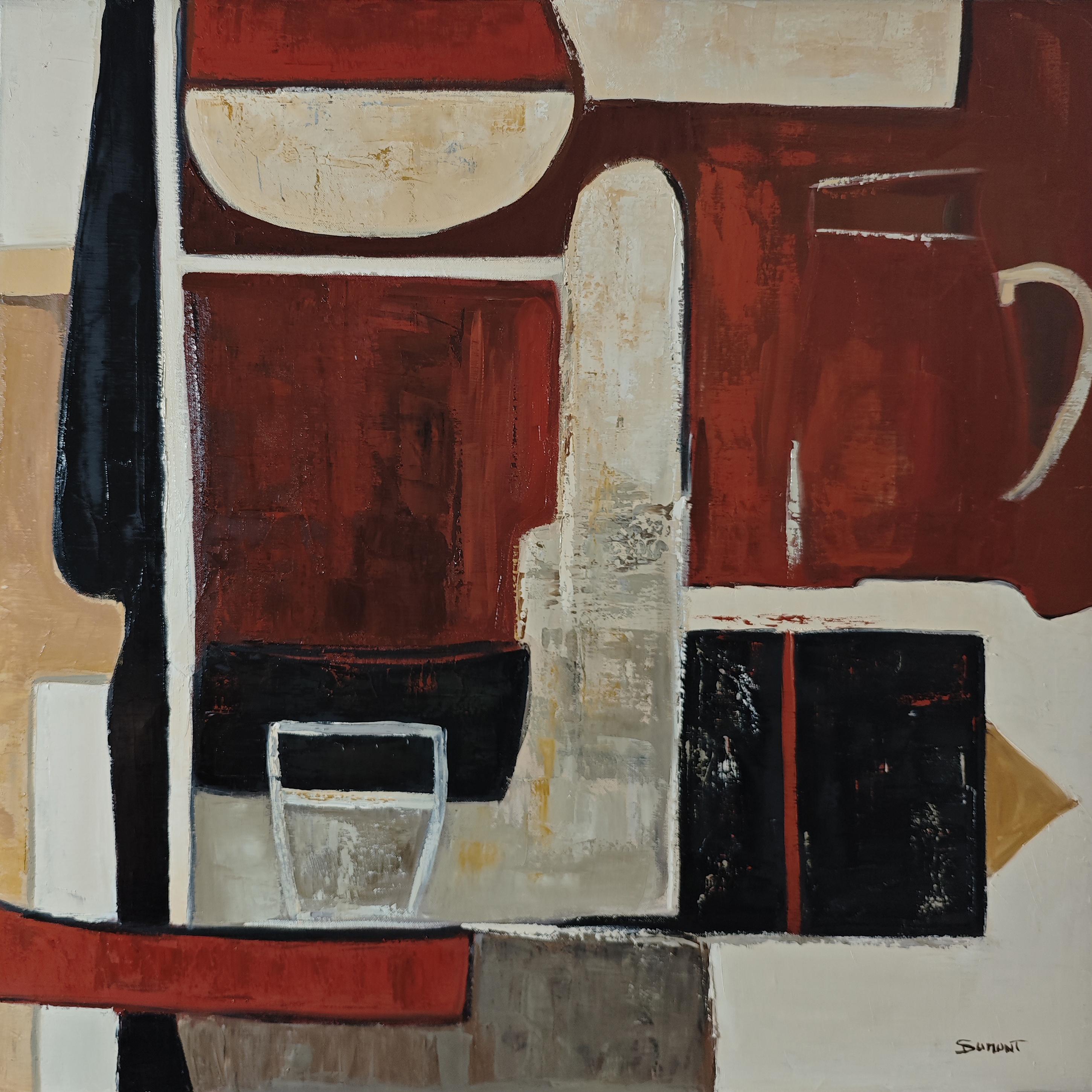 Le Poids des Couleurs exemplifies Sophie Dumont’s refined approach to contemporary abstraction, where color, structure and balance are treated as architectural elements. In this composition, the artist orchestrates deep reds, earthy ochres, subtle