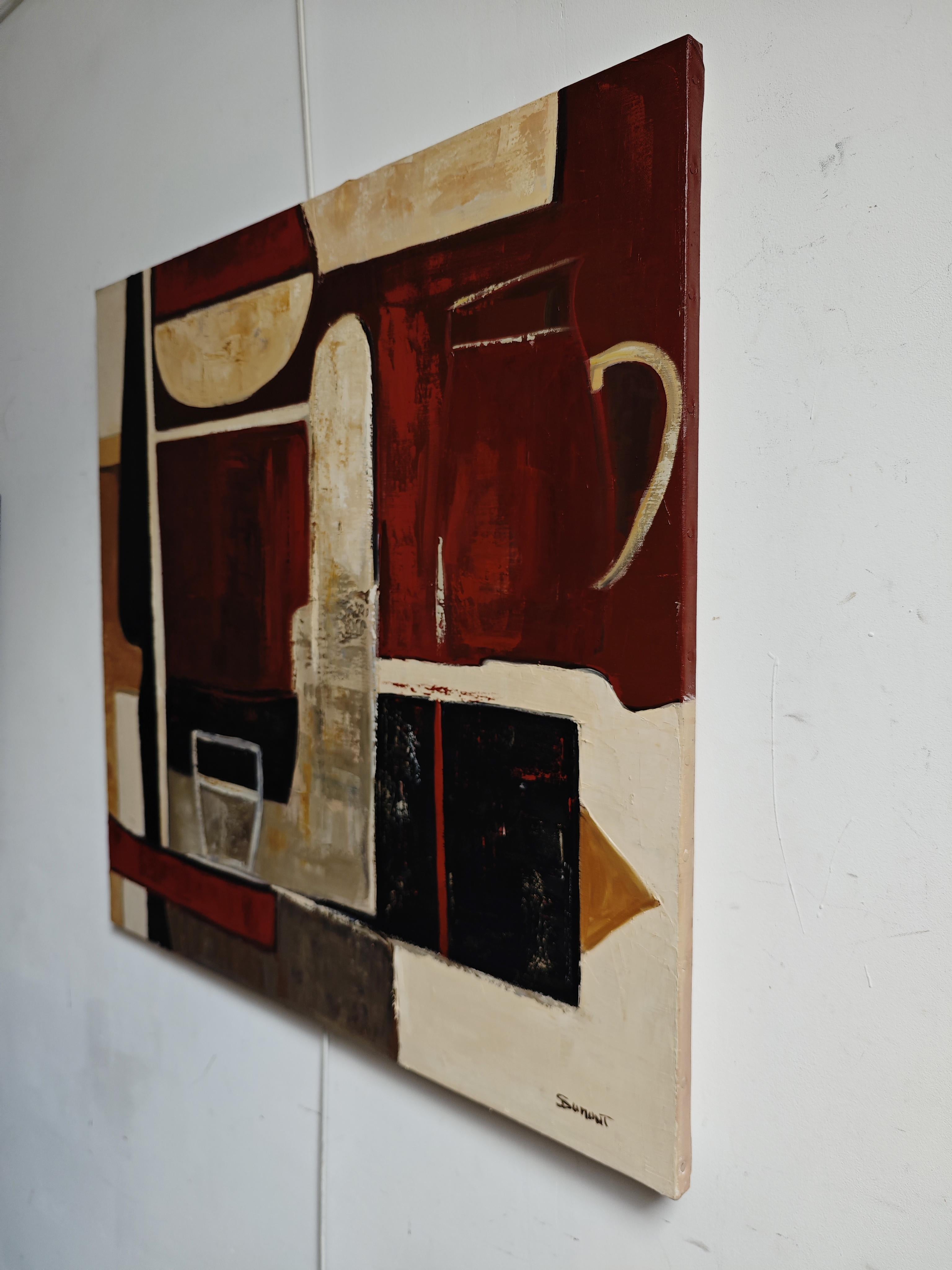 Le poids des couleurs- Textured Oil Painting, Geometric, Abstract composition For Sale 1