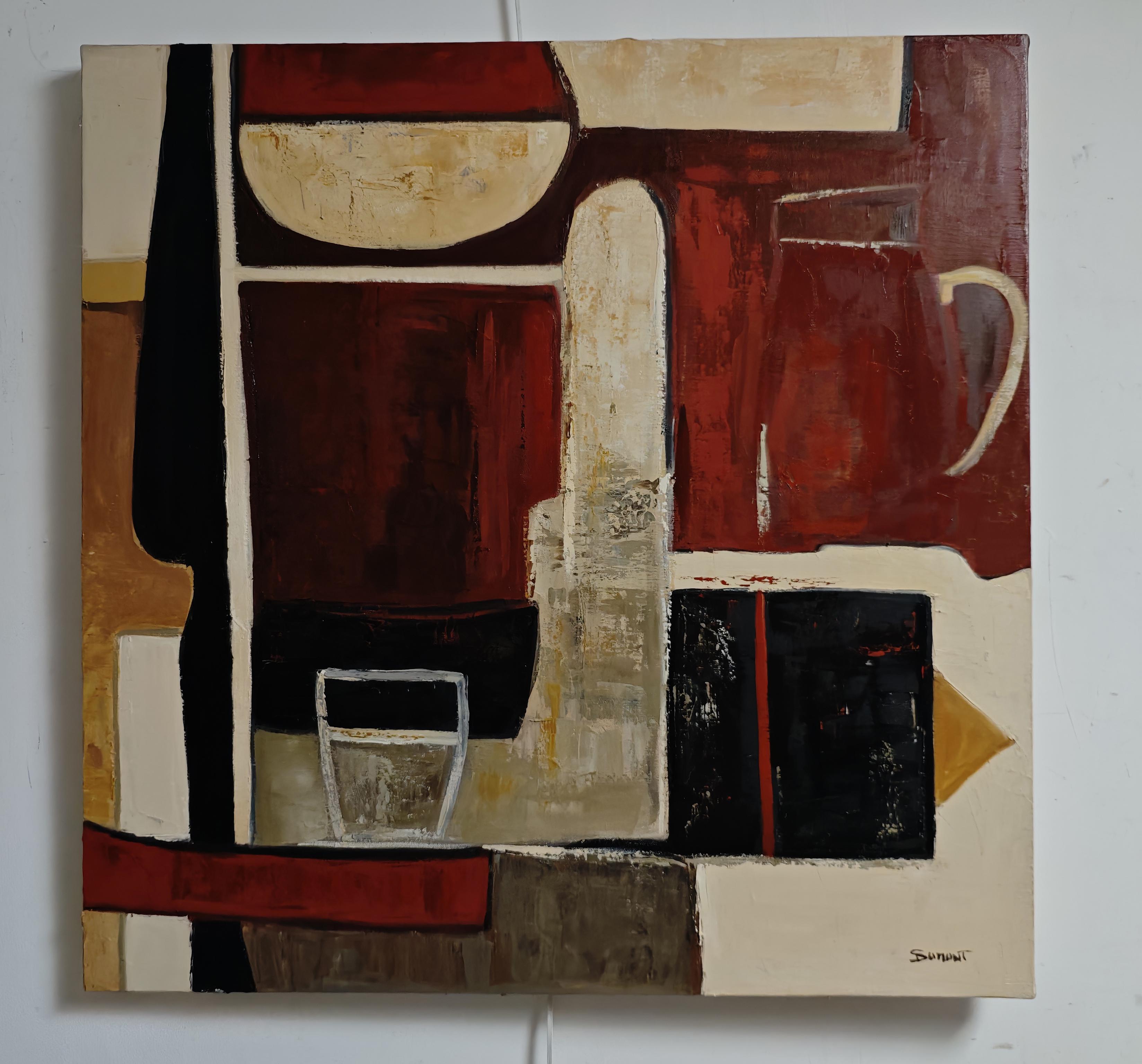 Le poids des couleurs- Textured Oil Painting, Geometric, Abstract composition For Sale 2