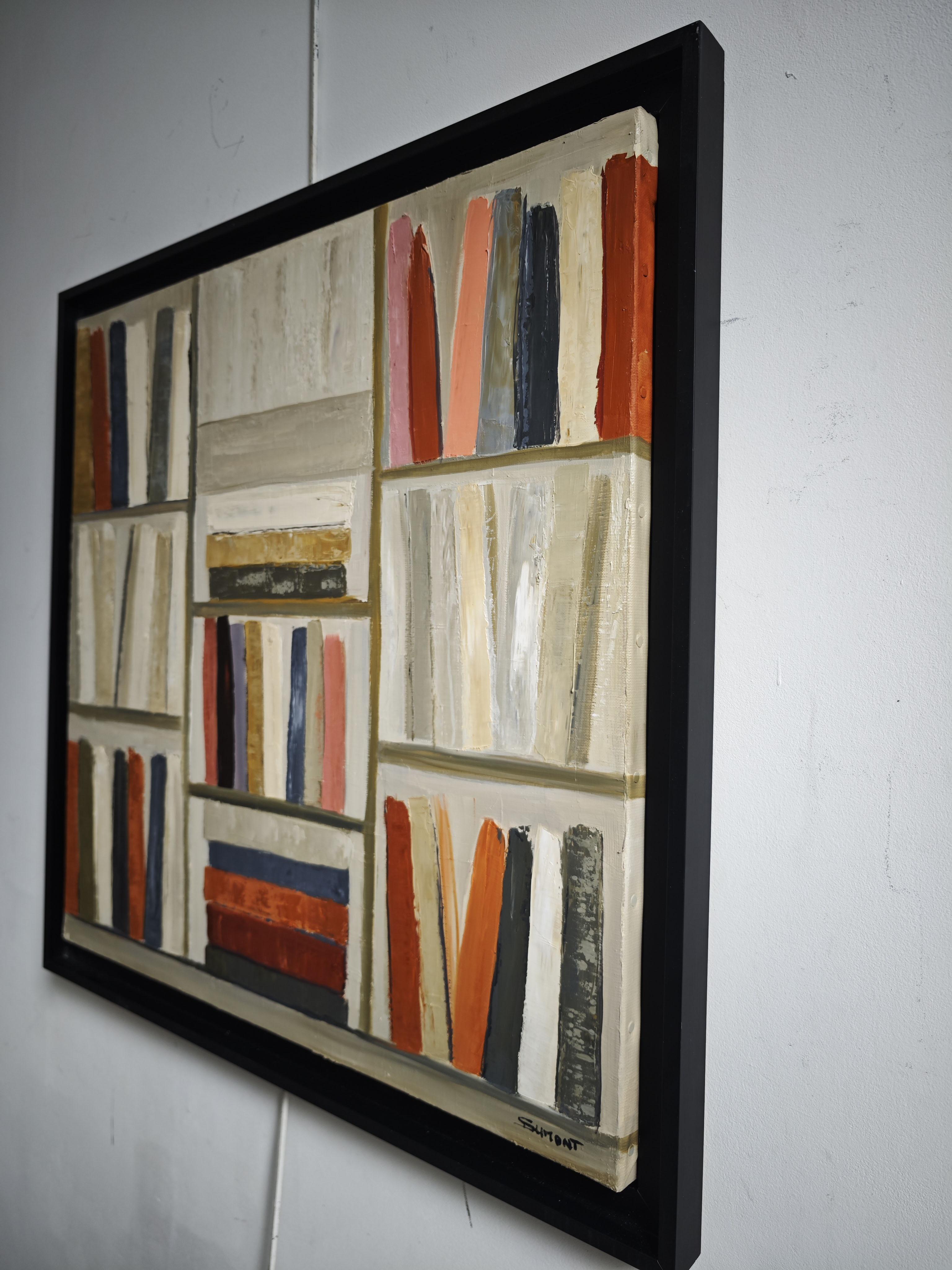 Le poids des mots - Biblioteca abstracta, pintura con textura, Óleo sobre lienzo en venta 6