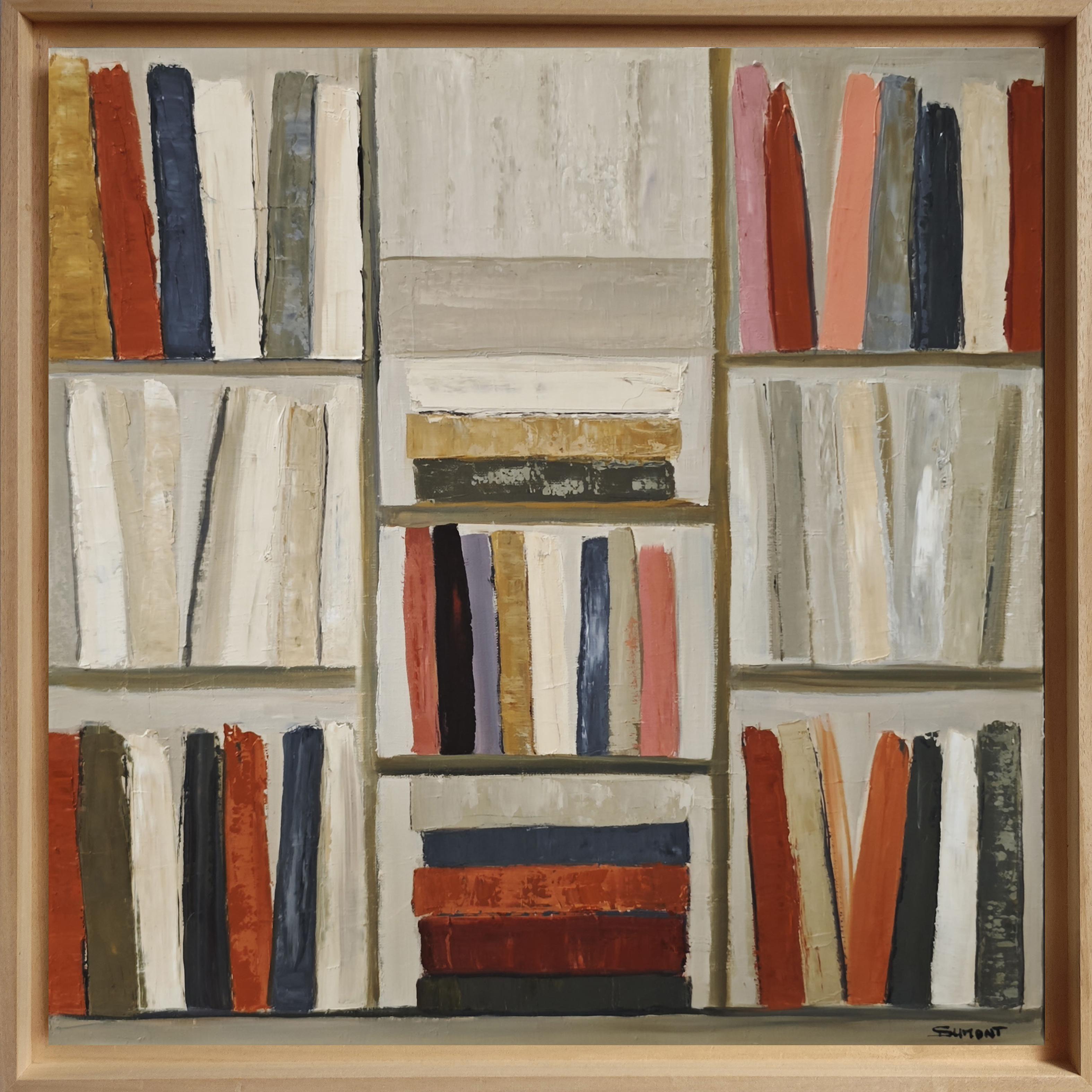 Le poids des mots - Abstract library, textured painting, Oil on canvas - Painting by SOPHIE DUMONT