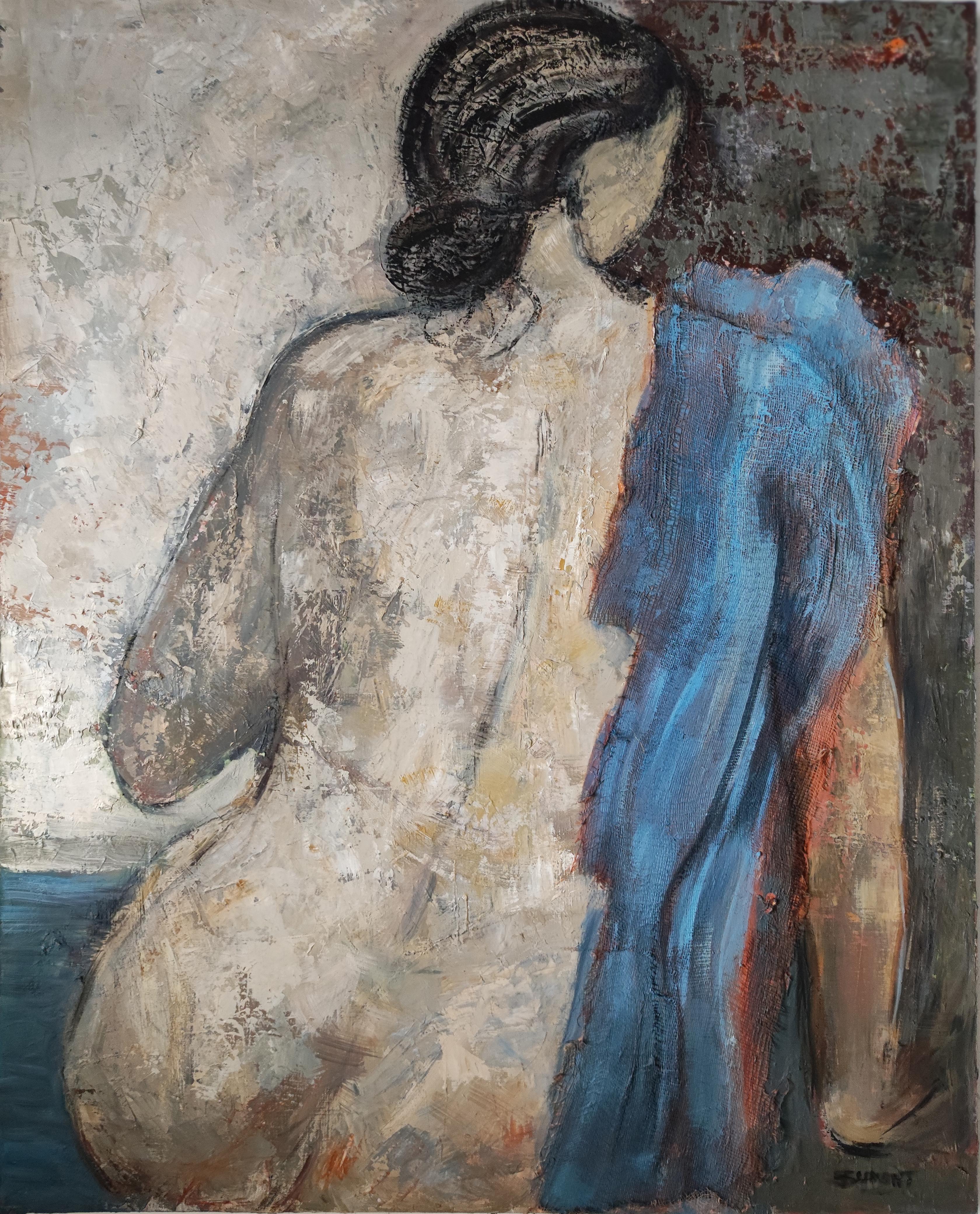 le rêve bleu, nude woman, blue figurative modern, oil on canvas, collage, France - Painting by SOPHIE DUMONT