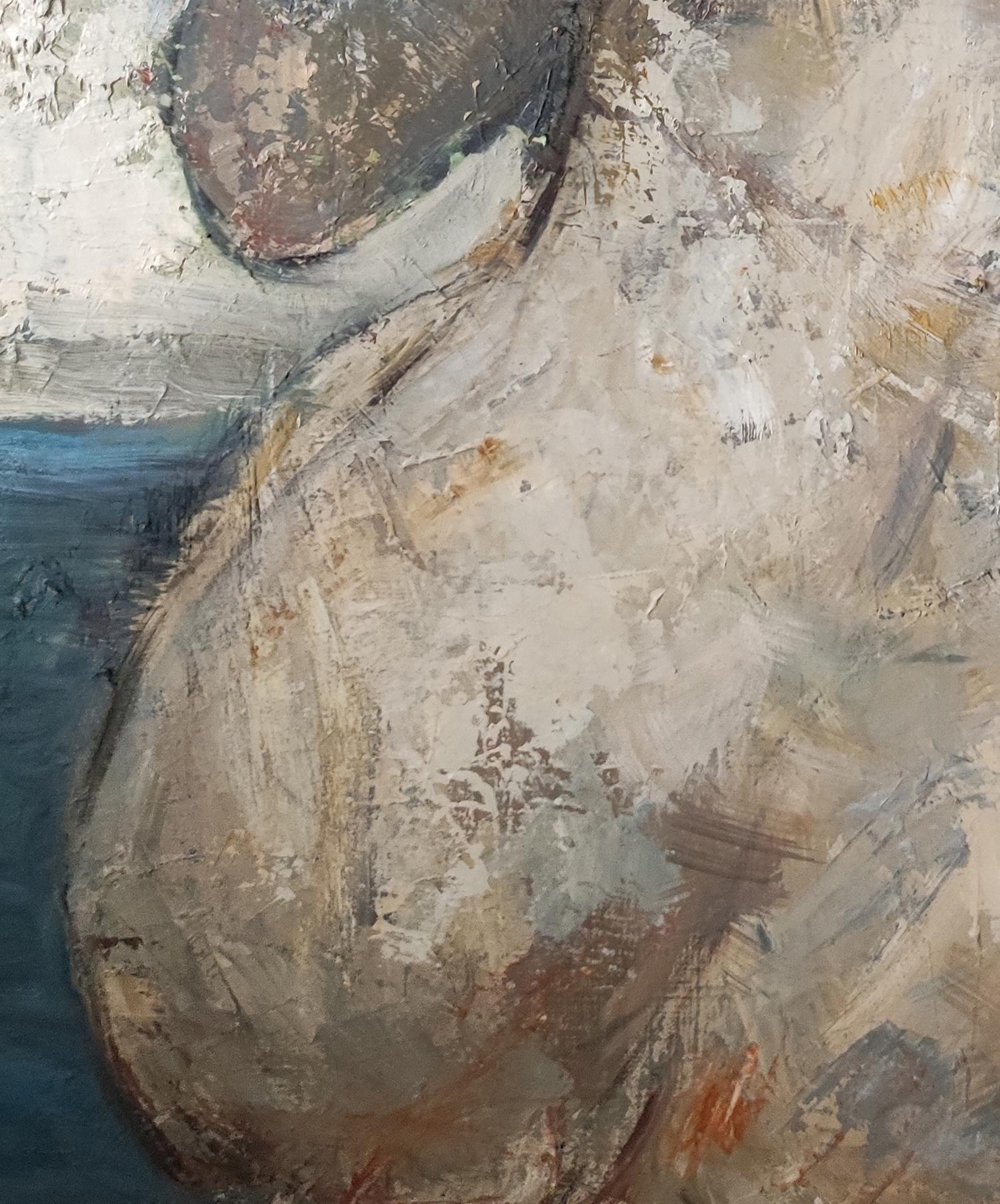 Le rêve bleu, Nude female blue figurative modern, oil on canvas, collage, France - Expressionist Painting by SOPHIE DUMONT