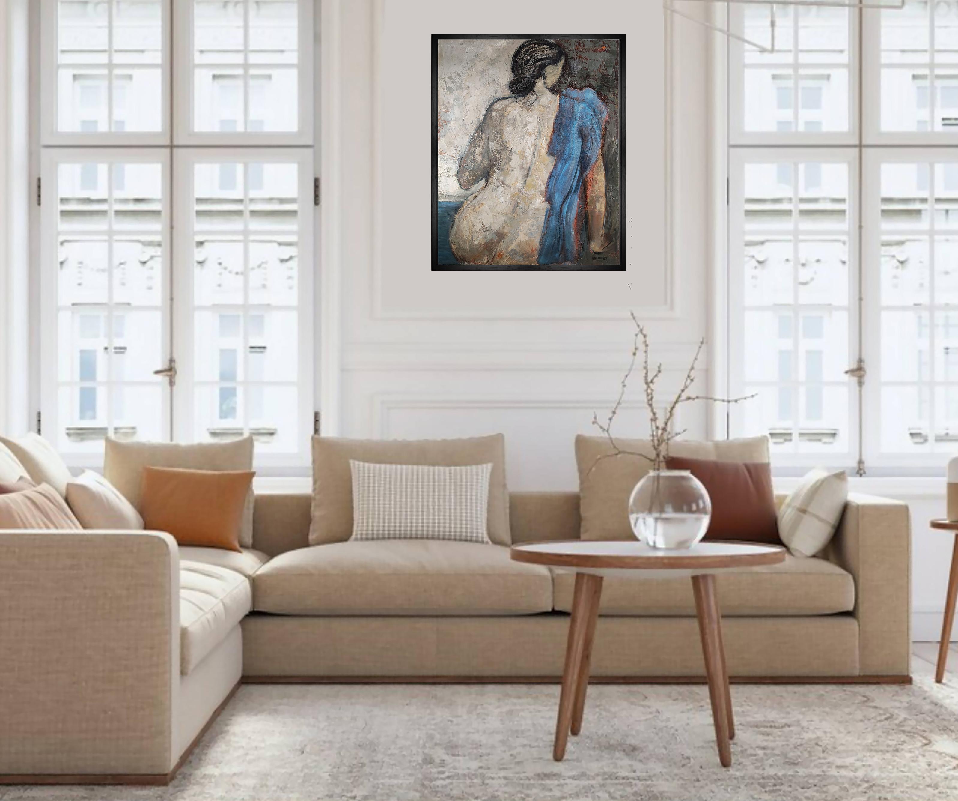 le rêve bleu, nude woman, blue figurative modern, oil on canvas, collage, France For Sale 4