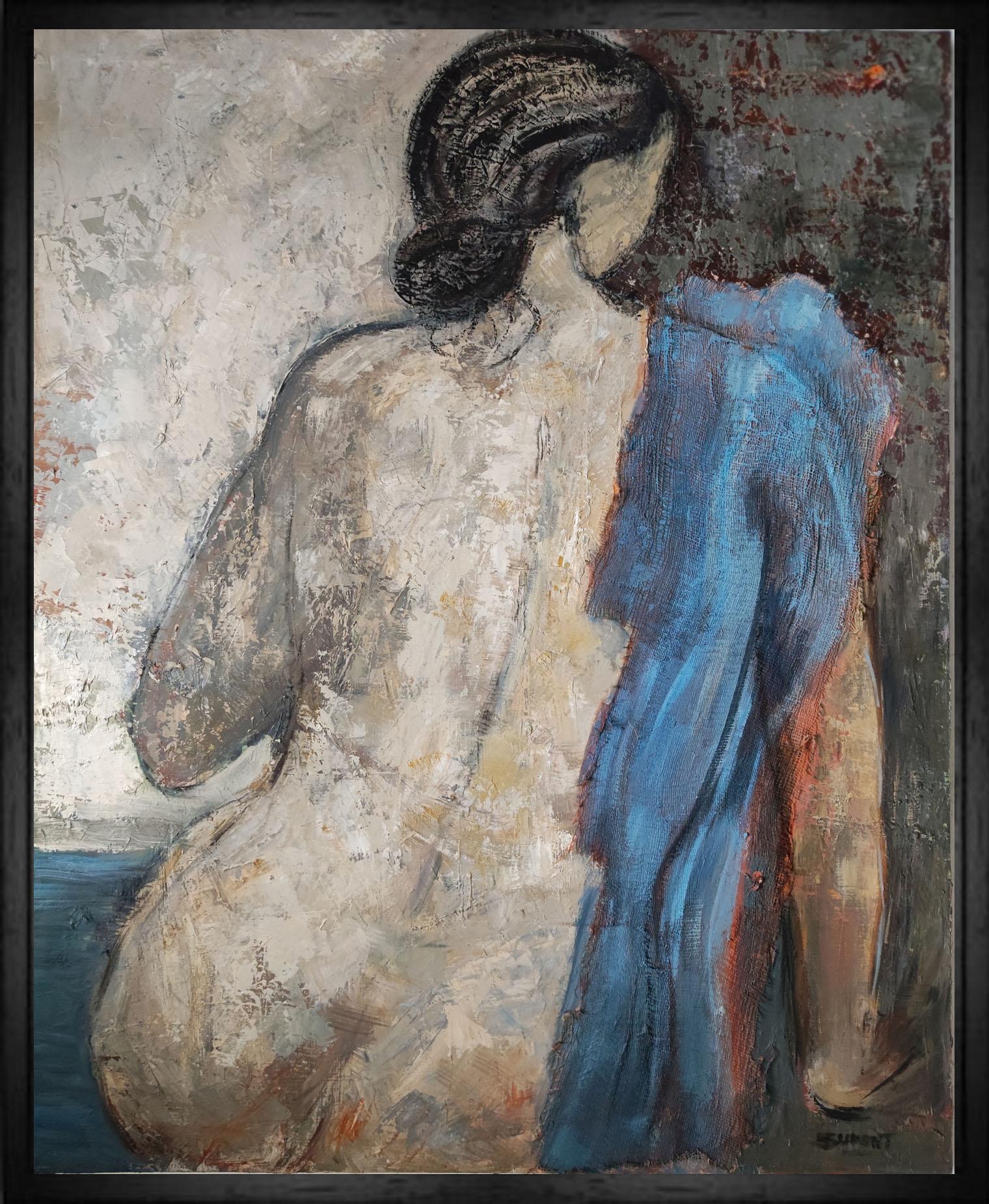 SOPHIE DUMONT Figurative Painting – le rêve bleu, nackte Frau, blau figurativ modern, Öl auf Leinwand, Collage, Frankreich