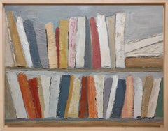 lecture du soir , colorful abstract, oil on canvas, libraries series, books