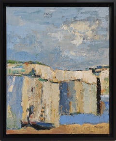 Les falaises, abstrait bleu et ocre, expressionnisme, bord de mer, huile