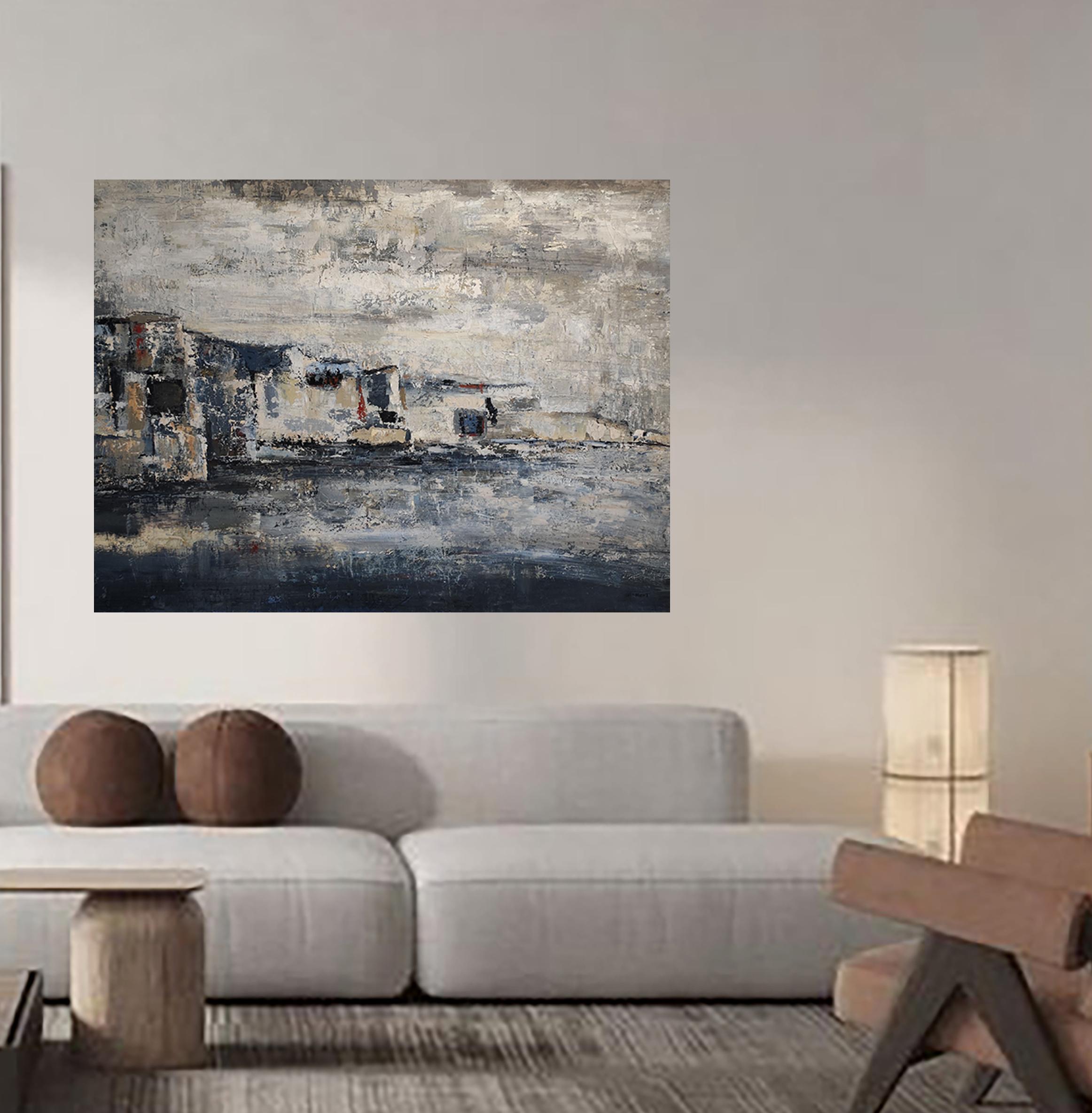 les falaises grises, Astratto, scogliere blu e grigie, Moderno, Impasto, Francese - Landscape Painting Grigio di SOPHIE DUMONT