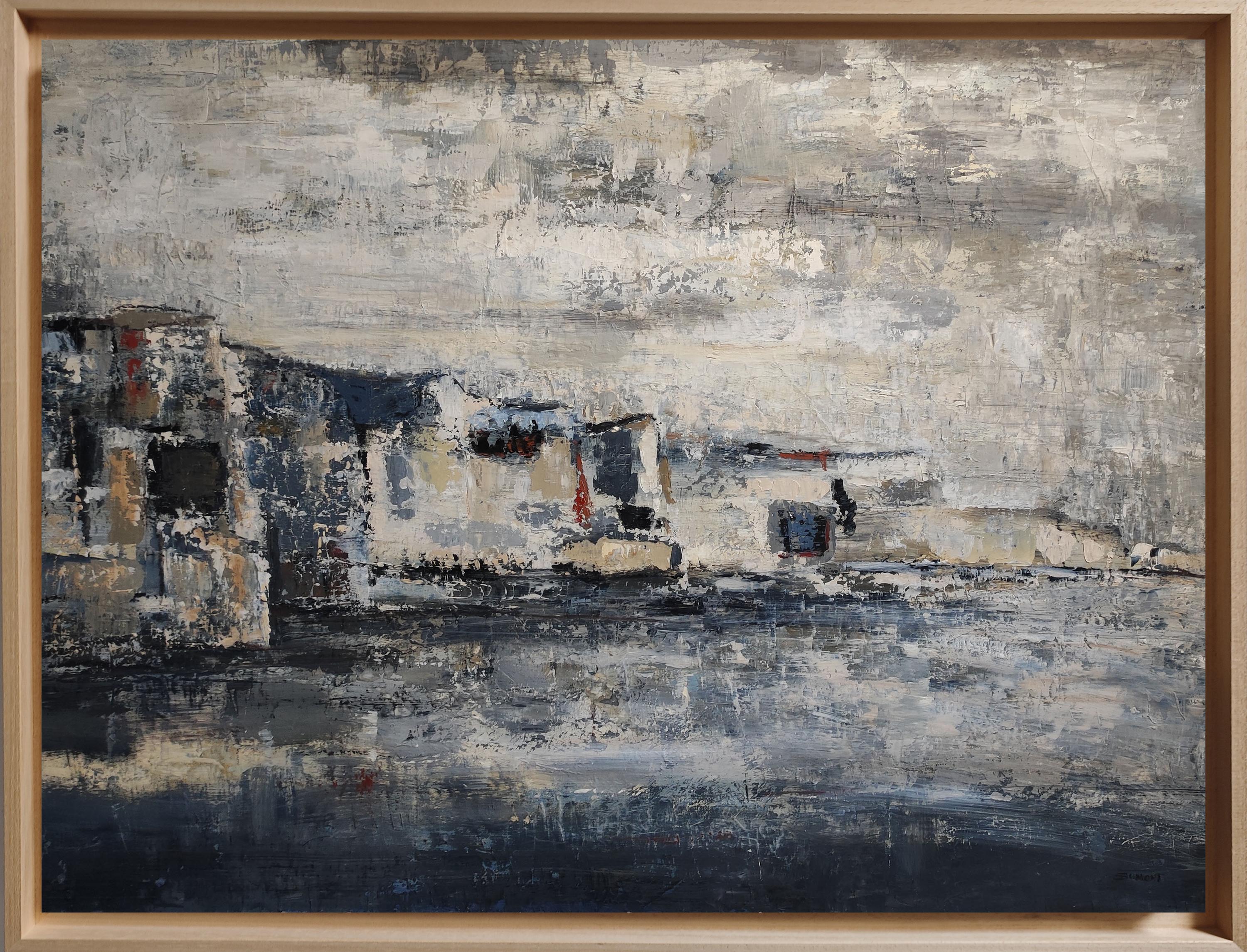 Los acantilados grises, Pintura al óleo abstracta grande, Paisaje de acantilados costeros
