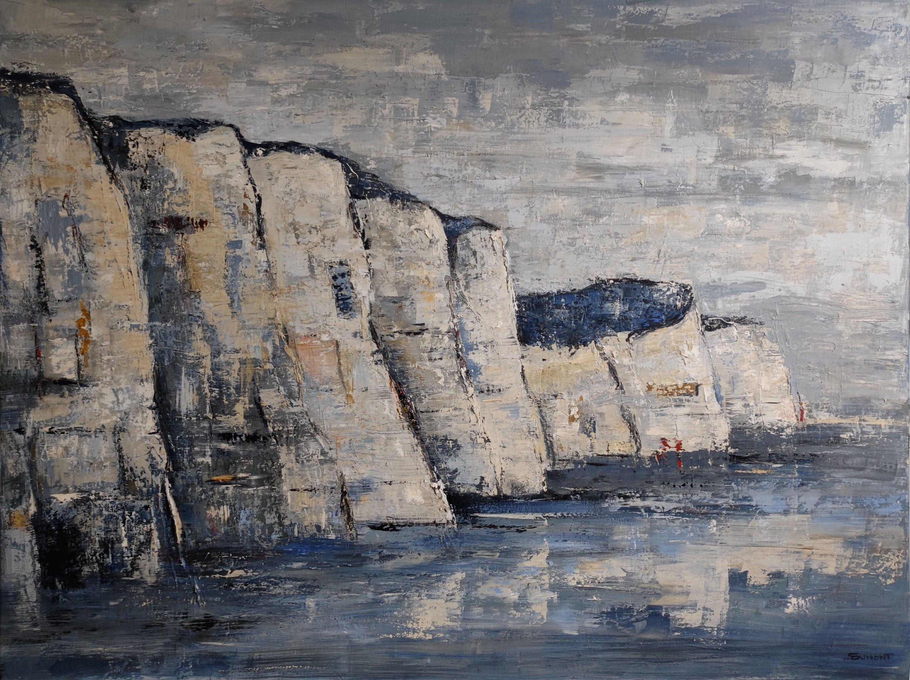 SOPHIE DUMONT Figurative Painting - les falaises, seascape, figurative, oil on canvas, expressionism, cliff, blue