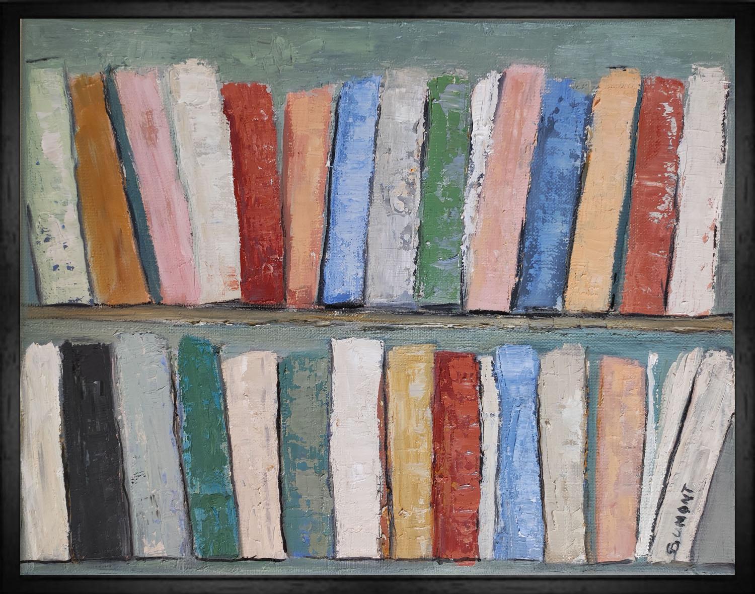 SOPHIE DUMONT Interior Painting - les livres, colorful abstract,  oil on canvas, libraries series, expressionism