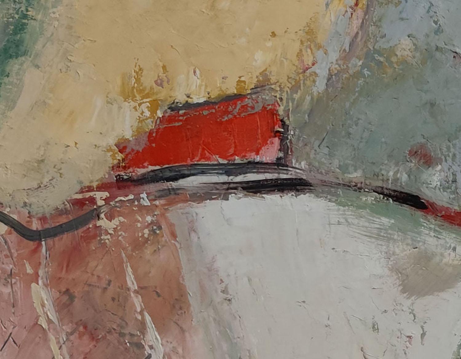 Les lopins, Paesaggio verde, Espressionismo, Texture, Campi, Olio su tela - Abstract Painting Grigio di SOPHIE DUMONT