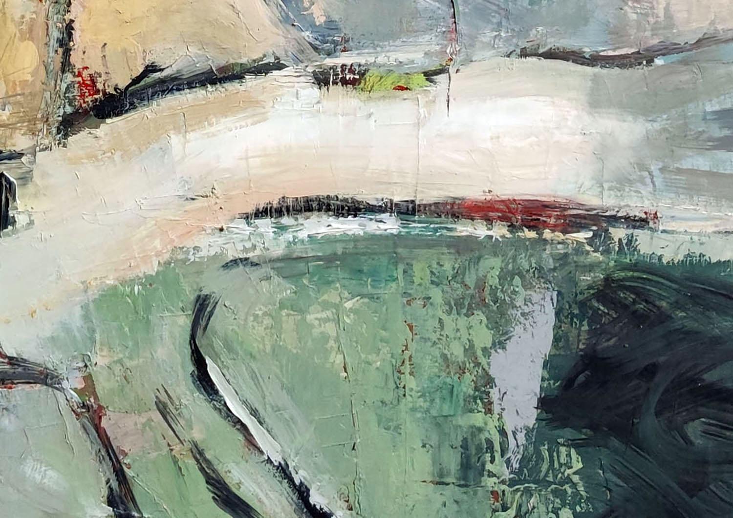 les lopins,  green landscape, expressionism, textured, fields, oil on canvas - Gray Abstract Painting by SOPHIE DUMONT