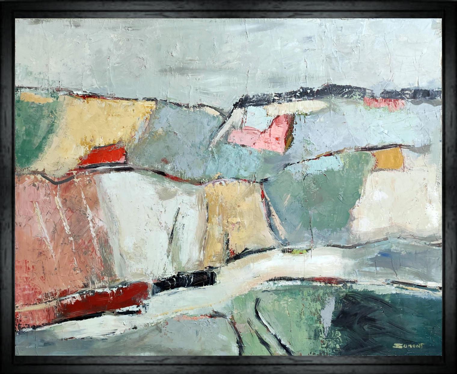 SOPHIE DUMONT Abstract Painting - les lopins,  green landscape, expressionism, textured, fields, oil on canvas