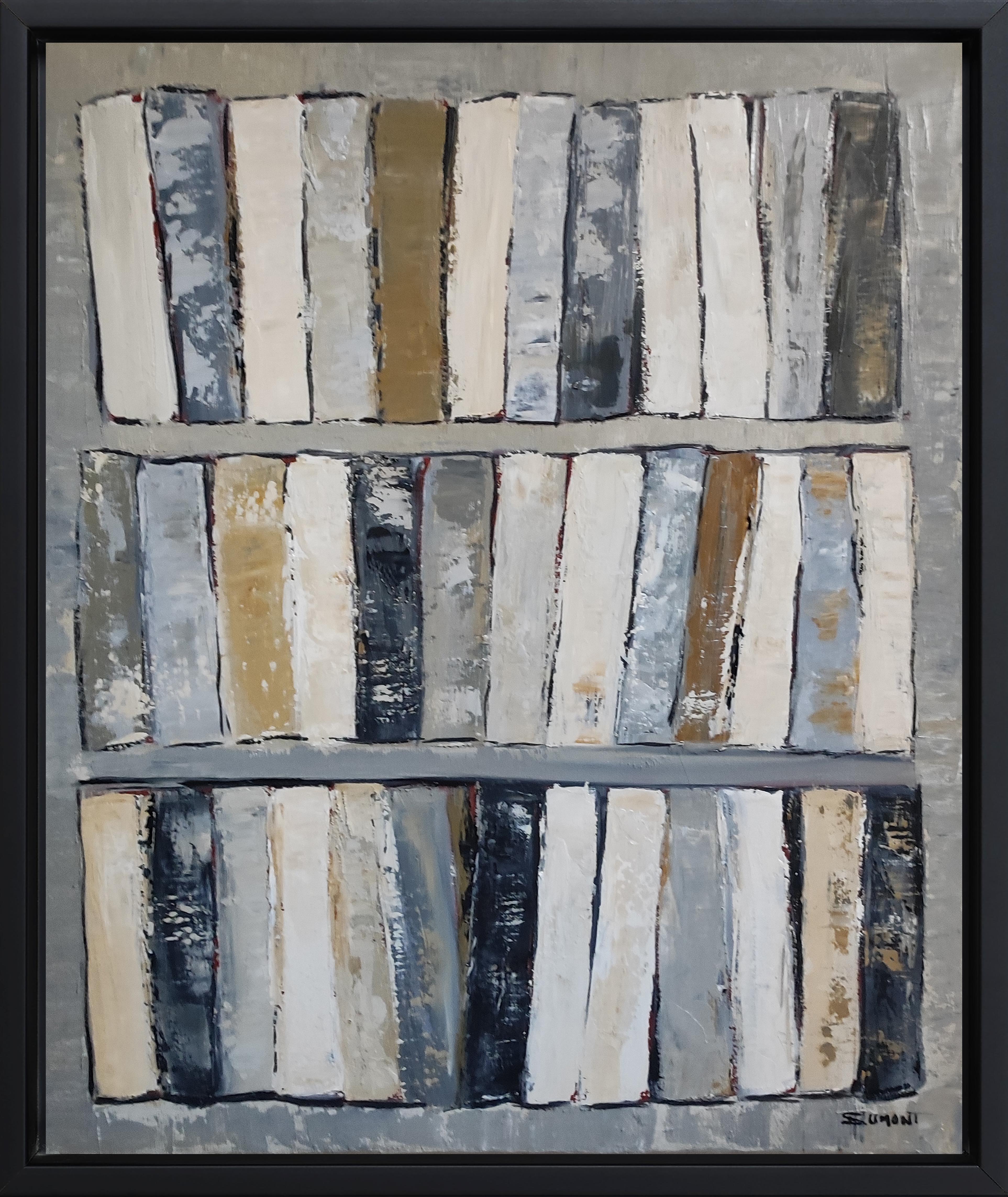Les ombres du savoir , abstrakt, grau, Öl, Bücher, Expressionismus, geometrisch – Painting von SOPHIE DUMONT